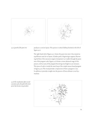4.5.7 growth of the parse tree             produces a concise layout. This process is about halfway finished at the left of
                                           figure 4.5.7.

                                           The right-hand side of figure 4.5.7 shows the parse tree once it has neared an
                                           equilibrium state for its layout. A darker path is beginning to appear, illustrat-
                                           ing the flow of the execution engine (interpreter) as it walks through the parse
                                           tree of the program code. Figure 4.5.8 shows a more advanced stage of this
                                           process, with an area of the program becoming very bright its use increases.
                                           This piece of code is inside the main loop of the simple mouse-based program
                                           in figure 4.5.6. The visual provides a impression of how a program is run.
                                           In addition, it provides insight into the process of how software is run by a
                                           machine.



4.5.8 the visualization after several
execution cycles, the path of the inter-
preter has become very prevalent




                                                                                                                           81
 