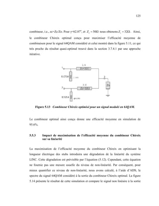 125




combineur, i.e., zc=Zc/Zo. Pour γ=62.87o, et Z o = 50Ω nous obtenons Z c = 32Ω . Ainsi,

le combineur Chireix optimal conçu pour maximiser l’efficacité moyenne de
combinaison pour le signal 64QAM considéré et celui montré dans la figure 5.11, ce qui
très proche du résultat quasi-optimal trouvé dans la section 3.7.4.1 par une approche
itérative.




     Figure 5.13 Combineur Chireix optimisé pour un signal modulé en 64QAM.


Le combineur optimal ainsi conçu donne une efficacité moyenne en simulation de
95.6%.


5.5.3        Impact de maximisation de l’efficacité moyenne du combineur Chireix
             sur sa linéarité


La maximisation de l’efficacité moyenne du combineur Chireix en optimisant la
longueur électrique des stubs introduira une dégradation de la linéarité du système
LINC. Cette dégradation est prévisible par l’équation (5.12). Cependant, cette équation
ne fournie pas une mesure usuelle du niveau de non-linéarité. Par conséquent, pour
mieux quantifier ce niveau de non-linéarité, nous avons calculé, à l’aide d’ADS, le
spectre du signal 64QAM considéré à la sortie du combineur Chireix optimal. La figure
5.14 présente le résultat de cette simulation et compare le signal non linéaire à la sortie
 