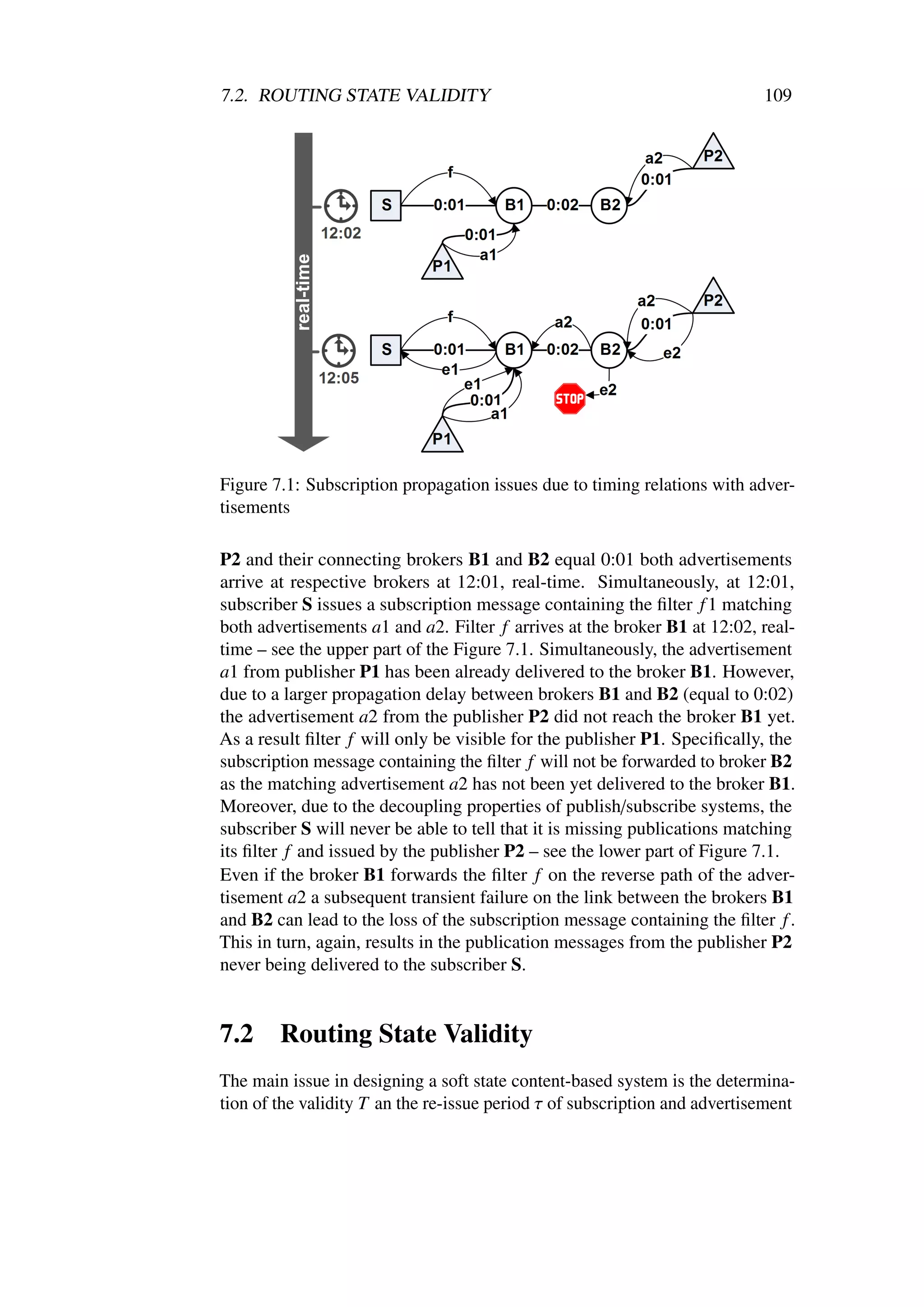 7.2. ROUTING STATE VALIDITY                                                 109




Figure 7.1: Subscription propagation issues due to timing relations with adver-
tisements

P2 and their connecting brokers B1 and B2 equal 0:01 both advertisements
arrive at respective brokers at 12:01, real-time. Simultaneously, at 12:01,
subscriber S issues a subscription message containing the ﬁlter f 1 matching
both advertisements a1 and a2. Filter f arrives at the broker B1 at 12:02, real-
time – see the upper part of the Figure 7.1. Simultaneously, the advertisement
a1 from publisher P1 has been already delivered to the broker B1. However,
due to a larger propagation delay between brokers B1 and B2 (equal to 0:02)
the advertisement a2 from the publisher P2 did not reach the broker B1 yet.
As a result ﬁlter f will only be visible for the publisher P1. Speciﬁcally, the
subscription message containing the ﬁlter f will not be forwarded to broker B2
as the matching advertisement a2 has not been yet delivered to the broker B1.
Moreover, due to the decoupling properties of publish/subscribe systems, the
subscriber S will never be able to tell that it is missing publications matching
its ﬁlter f and issued by the publisher P2 – see the lower part of Figure 7.1.
Even if the broker B1 forwards the ﬁlter f on the reverse path of the adver-
tisement a2 a subsequent transient failure on the link between the brokers B1
and B2 can lead to the loss of the subscription message containing the ﬁlter f .
This in turn, again, results in the publication messages from the publisher P2
never being delivered to the subscriber S.


7.2     Routing State Validity
The main issue in designing a soft state content-based system is the determina-
tion of the validity T an the re-issue period τ of subscription and advertisement
 