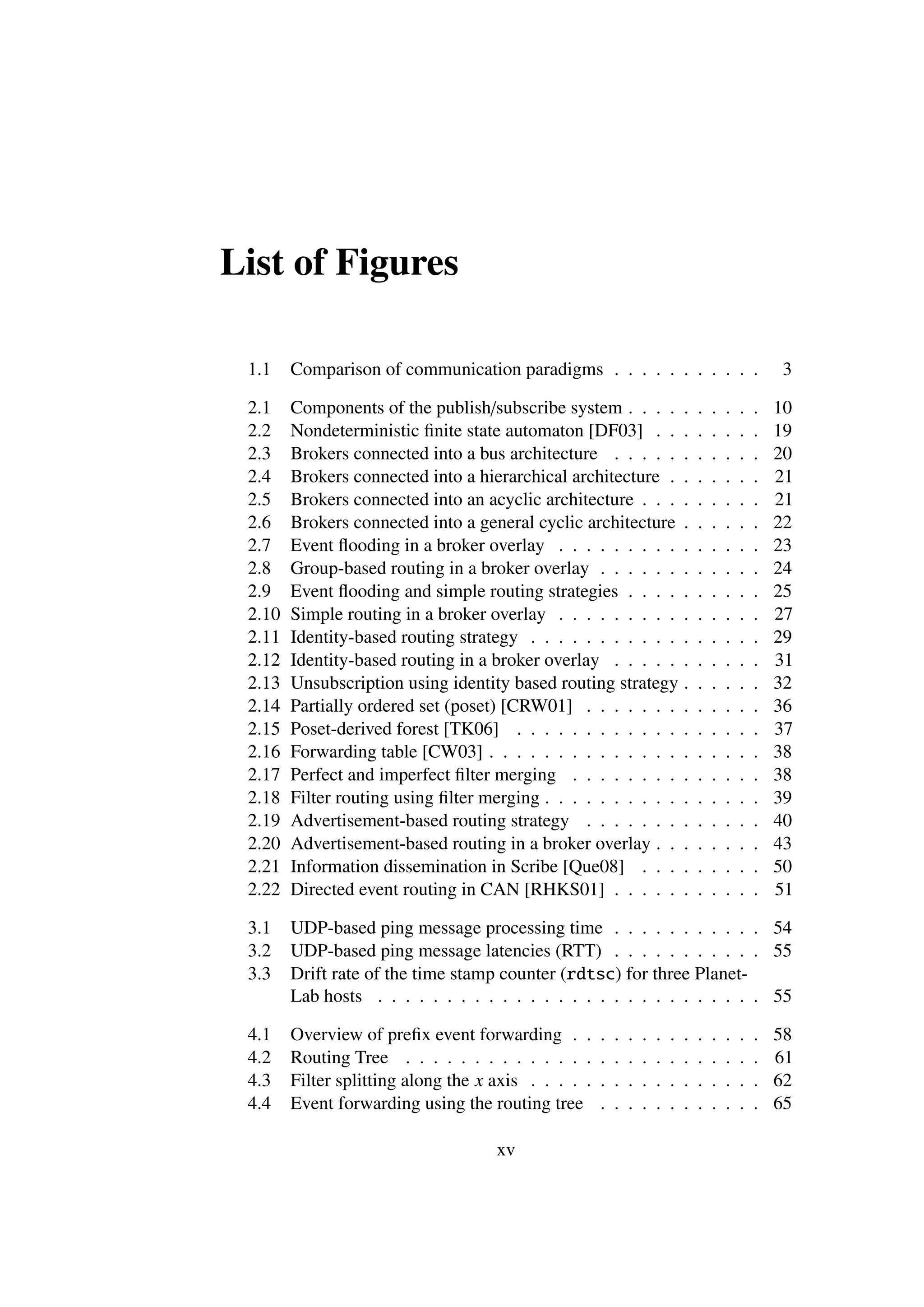 List of Figures

 1.1    Comparison of communication paradigms . . . . . . . . . . .                                   3

 2.1    Components of the publish/subscribe system . . . . .                      .   .   .   .   .   10
 2.2    Nondeterministic ﬁnite state automaton [DF03] . . .                       .   .   .   .   .   19
 2.3    Brokers connected into a bus architecture . . . . . .                     .   .   .   .   .   20
 2.4    Brokers connected into a hierarchical architecture . .                    .   .   .   .   .   21
 2.5    Brokers connected into an acyclic architecture . . . .                    .   .   .   .   .   21
 2.6    Brokers connected into a general cyclic architecture .                    .   .   .   .   .   22
 2.7    Event ﬂooding in a broker overlay . . . . . . . . . .                     .   .   .   .   .   23
 2.8    Group-based routing in a broker overlay . . . . . . .                     .   .   .   .   .   24
 2.9    Event ﬂooding and simple routing strategies . . . . .                     .   .   .   .   .   25
 2.10   Simple routing in a broker overlay . . . . . . . . . .                    .   .   .   .   .   27
 2.11   Identity-based routing strategy . . . . . . . . . . . .                   .   .   .   .   .   29
 2.12   Identity-based routing in a broker overlay . . . . . .                    .   .   .   .   .   31
 2.13   Unsubscription using identity based routing strategy .                    .   .   .   .   .   32
 2.14   Partially ordered set (poset) [CRW01] . . . . . . . .                     .   .   .   .   .   36
 2.15   Poset-derived forest [TK06] . . . . . . . . . . . . .                     .   .   .   .   .   37
 2.16   Forwarding table [CW03] . . . . . . . . . . . . . . .                     .   .   .   .   .   38
 2.17   Perfect and imperfect ﬁlter merging . . . . . . . . .                     .   .   .   .   .   38
 2.18   Filter routing using ﬁlter merging . . . . . . . . . . .                  .   .   .   .   .   39
 2.19   Advertisement-based routing strategy . . . . . . . .                      .   .   .   .   .   40
 2.20   Advertisement-based routing in a broker overlay . . .                     .   .   .   .   .   43
 2.21   Information dissemination in Scribe [Que08] . . . .                       .   .   .   .   .   50
 2.22   Directed event routing in CAN [RHKS01] . . . . . .                        .   .   .   .   .   51

 3.1    UDP-based ping message processing time . . . . . . . . . . . 54
 3.2    UDP-based ping message latencies (RTT) . . . . . . . . . . . 55
 3.3    Drift rate of the time stamp counter (rdtsc) for three Planet-
        Lab hosts . . . . . . . . . . . . . . . . . . . . . . . . . . . . 55

 4.1    Overview of preﬁx event forwarding . .        .   .   .   .   .   .   .   .   .   .   .   .   58
 4.2    Routing Tree . . . . . . . . . . . . . .      .   .   .   .   .   .   .   .   .   .   .   .   61
 4.3    Filter splitting along the x axis . . . . .   .   .   .   .   .   .   .   .   .   .   .   .   62
 4.4    Event forwarding using the routing tree       .   .   .   .   .   .   .   .   .   .   .   .   65

                                     xv
 