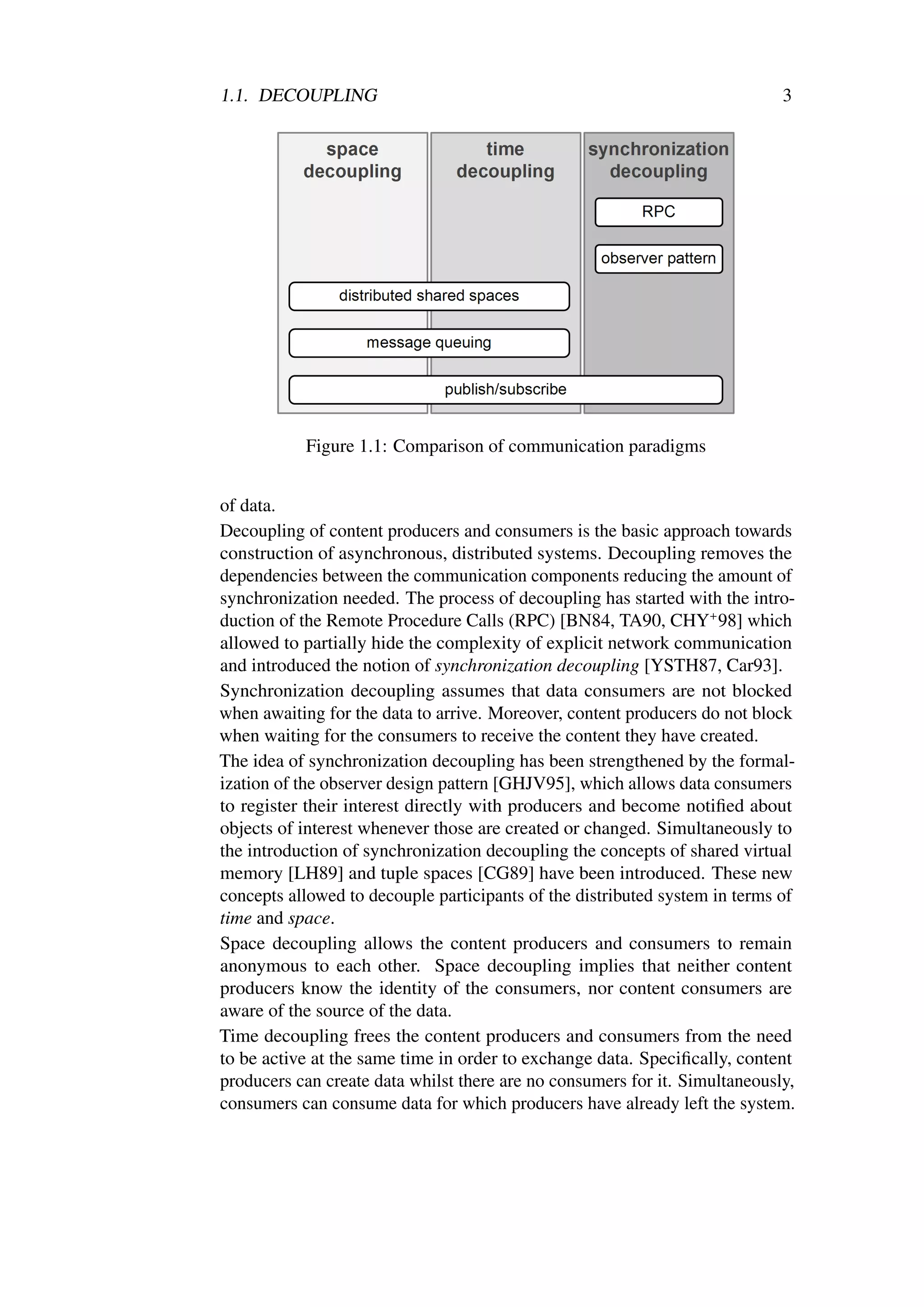 1.1. DECOUPLING                                                              3




           Figure 1.1: Comparison of communication paradigms


of data.
Decoupling of content producers and consumers is the basic approach towards
construction of asynchronous, distributed systems. Decoupling removes the
dependencies between the communication components reducing the amount of
synchronization needed. The process of decoupling has started with the intro-
duction of the Remote Procedure Calls (RPC) [BN84, TA90, CHY+ 98] which
allowed to partially hide the complexity of explicit network communication
and introduced the notion of synchronization decoupling [YSTH87, Car93].
Synchronization decoupling assumes that data consumers are not blocked
when awaiting for the data to arrive. Moreover, content producers do not block
when waiting for the consumers to receive the content they have created.
The idea of synchronization decoupling has been strengthened by the formal-
ization of the observer design pattern [GHJV95], which allows data consumers
to register their interest directly with producers and become notiﬁed about
objects of interest whenever those are created or changed. Simultaneously to
the introduction of synchronization decoupling the concepts of shared virtual
memory [LH89] and tuple spaces [CG89] have been introduced. These new
concepts allowed to decouple participants of the distributed system in terms of
time and space.
Space decoupling allows the content producers and consumers to remain
anonymous to each other. Space decoupling implies that neither content
producers know the identity of the consumers, nor content consumers are
aware of the source of the data.
Time decoupling frees the content producers and consumers from the need
to be active at the same time in order to exchange data. Speciﬁcally, content
producers can create data whilst there are no consumers for it. Simultaneously,
consumers can consume data for which producers have already left the system.
 