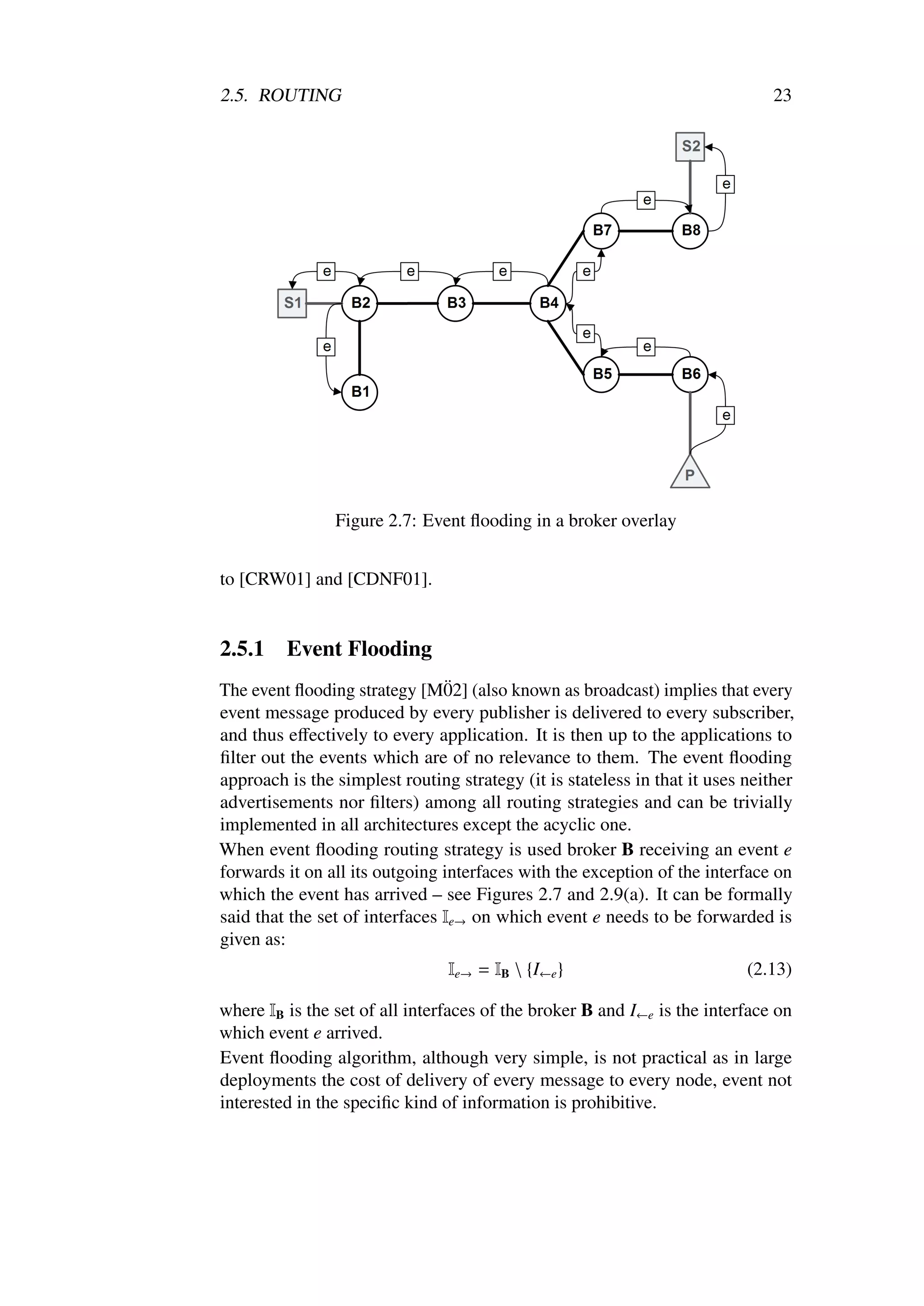 2.5. ROUTING                                                                   23




                Figure 2.7: Event ﬂooding in a broker overlay


to [CRW01] and [CDNF01].


2.5.1    Event Flooding
                                 ¨
The event ﬂooding strategy [M02] (also known as broadcast) implies that every
event message produced by every publisher is delivered to every subscriber,
and thus eﬀectively to every application. It is then up to the applications to
ﬁlter out the events which are of no relevance to them. The event ﬂooding
approach is the simplest routing strategy (it is stateless in that it uses neither
advertisements nor ﬁlters) among all routing strategies and can be trivially
implemented in all architectures except the acyclic one.
When event ﬂooding routing strategy is used broker B receiving an event e
forwards it on all its outgoing interfaces with the exception of the interface on
which the event has arrived – see Figures 2.7 and 2.9(a). It can be formally
said that the set of interfaces Ie→ on which event e needs to be forwarded is
given as:
                                Ie→ = IB  {I←e }                          (2.13)

where IB is the set of all interfaces of the broker B and I←e is the interface on
which event e arrived.
Event ﬂooding algorithm, although very simple, is not practical as in large
deployments the cost of delivery of every message to every node, event not
interested in the speciﬁc kind of information is prohibitive.
 