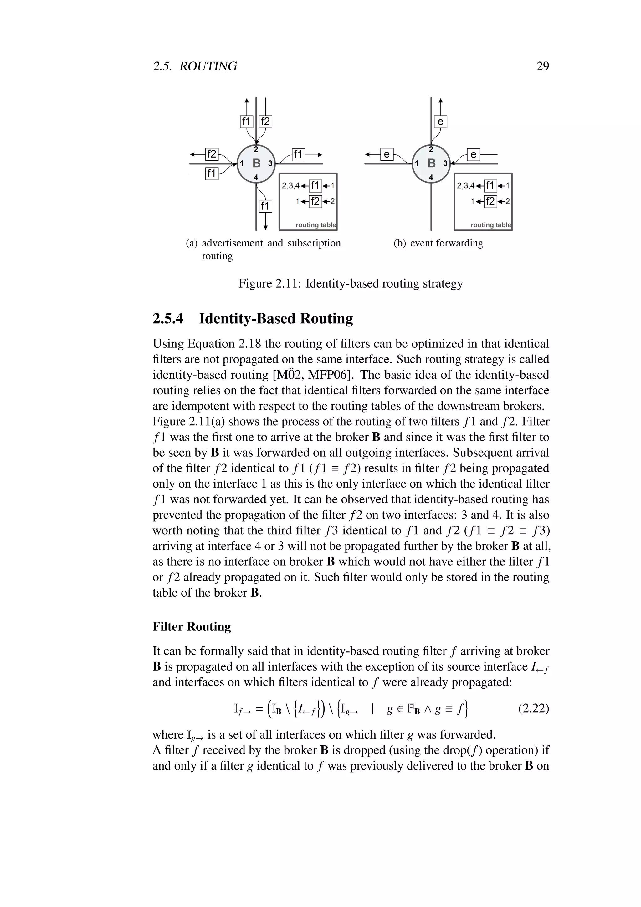 2.5. ROUTING                                                                    29




        (a) advertisement and subscription        (b) event forwarding
            routing

                   Figure 2.11: Identity-based routing strategy

2.5.4     Identity-Based Routing
Using Equation 2.18 the routing of ﬁlters can be optimized in that identical
ﬁlters are not propagated on the same interface. Such routing strategy is called
                             ¨
identity-based routing [M02, MFP06]. The basic idea of the identity-based
routing relies on the fact that identical ﬁlters forwarded on the same interface
are idempotent with respect to the routing tables of the downstream brokers.
Figure 2.11(a) shows the process of the routing of two ﬁlters f 1 and f 2. Filter
 f 1 was the ﬁrst one to arrive at the broker B and since it was the ﬁrst ﬁlter to
be seen by B it was forwarded on all outgoing interfaces. Subsequent arrival
of the ﬁlter f 2 identical to f 1 ( f 1 ≡ f 2) results in ﬁlter f 2 being propagated
only on the interface 1 as this is the only interface on which the identical ﬁlter
 f 1 was not forwarded yet. It can be observed that identity-based routing has
prevented the propagation of the ﬁlter f 2 on two interfaces: 3 and 4. It is also
worth noting that the third ﬁlter f 3 identical to f 1 and f 2 ( f 1 ≡ f 2 ≡ f 3)
arriving at interface 4 or 3 will not be propagated further by the broker B at all,
as there is no interface on broker B which would not have either the ﬁlter f 1
or f 2 already propagated on it. Such ﬁlter would only be stored in the routing
table of the broker B.

Filter Routing
It can be formally said that in identity-based routing ﬁlter f arriving at broker
B is propagated on all interfaces with the exception of its source interface I← f
and interfaces on which ﬁlters identical to f were already propagated:

                  I f → = IB  I← f     Ig→   | g ∈ FB ∧ g ≡ f              (2.22)

where Ig→ is a set of all interfaces on which ﬁlter g was forwarded.
A ﬁlter f received by the broker B is dropped (using the drop( f ) operation) if
and only if a ﬁlter g identical to f was previously delivered to the broker B on
 