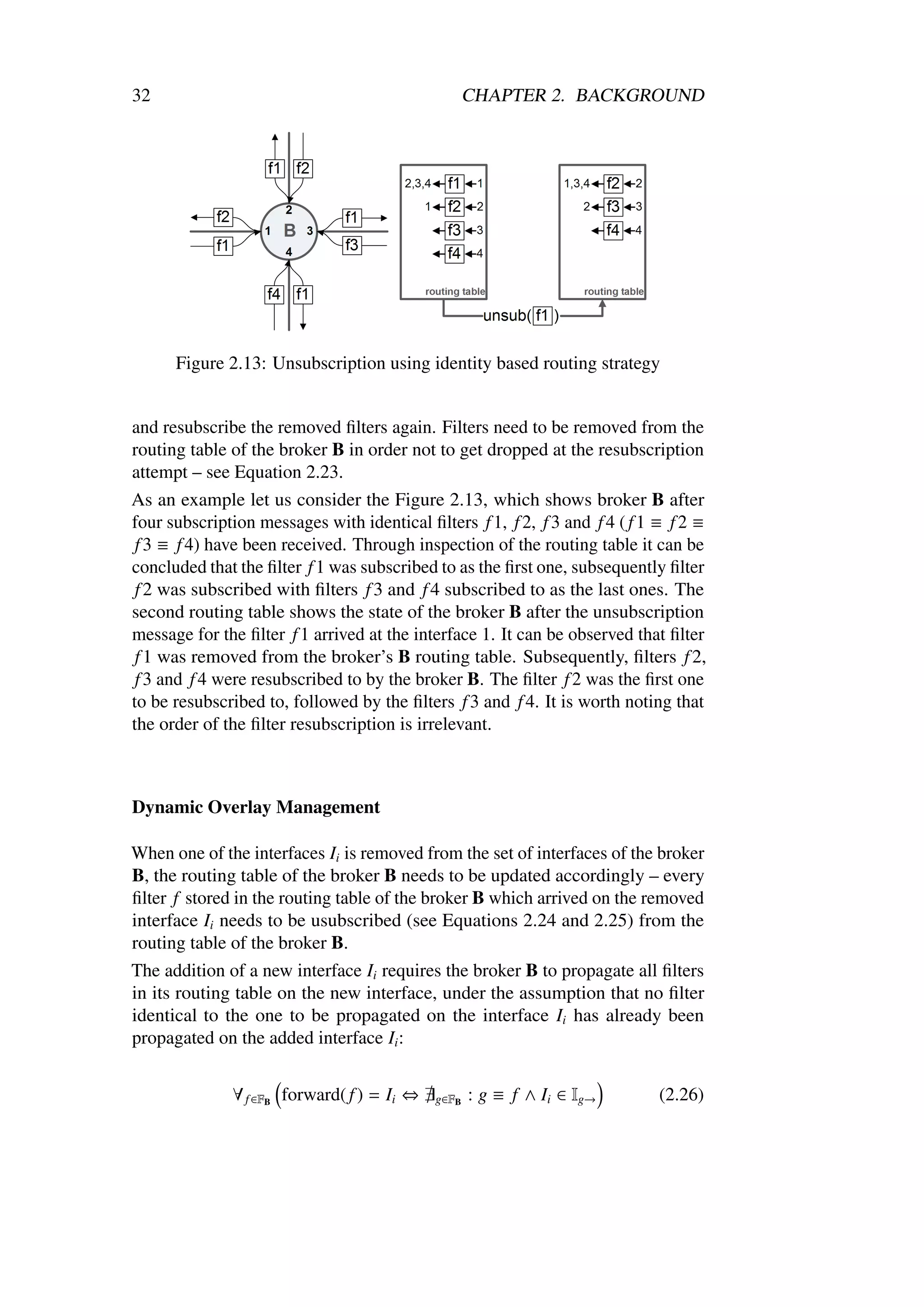 32                                                 CHAPTER 2. BACKGROUND




      Figure 2.13: Unsubscription using identity based routing strategy


and resubscribe the removed ﬁlters again. Filters need to be removed from the
routing table of the broker B in order not to get dropped at the resubscription
attempt – see Equation 2.23.
As an example let us consider the Figure 2.13, which shows broker B after
four subscription messages with identical ﬁlters f 1, f 2, f 3 and f 4 ( f 1 ≡ f 2 ≡
 f 3 ≡ f 4) have been received. Through inspection of the routing table it can be
concluded that the ﬁlter f 1 was subscribed to as the ﬁrst one, subsequently ﬁlter
 f 2 was subscribed with ﬁlters f 3 and f 4 subscribed to as the last ones. The
second routing table shows the state of the broker B after the unsubscription
message for the ﬁlter f 1 arrived at the interface 1. It can be observed that ﬁlter
 f 1 was removed from the broker’s B routing table. Subsequently, ﬁlters f 2,
 f 3 and f 4 were resubscribed to by the broker B. The ﬁlter f 2 was the ﬁrst one
to be resubscribed to, followed by the ﬁlters f 3 and f 4. It is worth noting that
the order of the ﬁlter resubscription is irrelevant.



Dynamic Overlay Management

When one of the interfaces Ii is removed from the set of interfaces of the broker
B, the routing table of the broker B needs to be updated accordingly – every
ﬁlter f stored in the routing table of the broker B which arrived on the removed
interface Ii needs to be usubscribed (see Equations 2.24 and 2.25) from the
routing table of the broker B.
The addition of a new interface Ii requires the broker B to propagate all ﬁlters
in its routing table on the new interface, under the assumption that no ﬁlter
identical to the one to be propagated on the interface Ii has already been
propagated on the added interface Ii :


              ∀ f ∈FB forward( f ) = Ii ⇔   g∈FB   : g ≡ f ∧ Ii ∈ Ig→        (2.26)
 