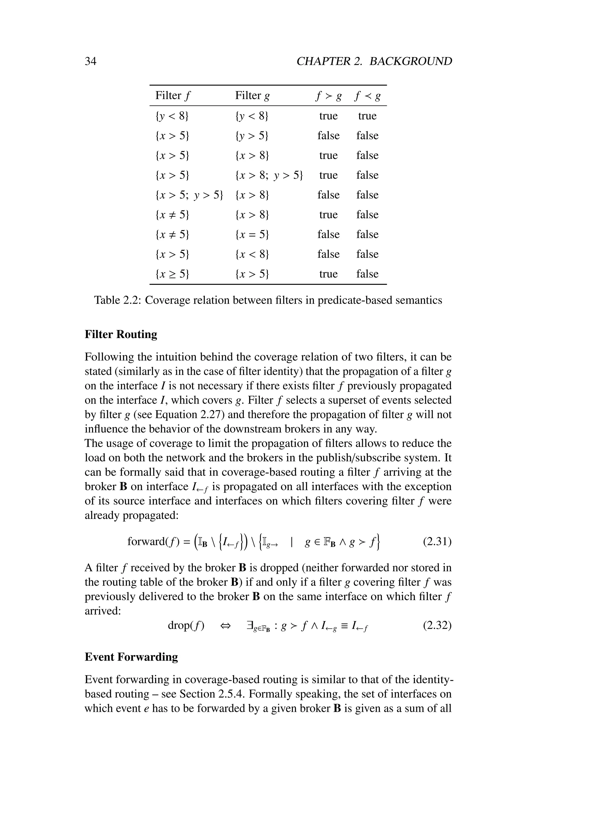 34                                               CHAPTER 2. BACKGROUND

                Filter f          Filter g           f    g   f       g
                {y < 8}           {y < 8}             true     true
                {x > 5}           {y > 5}            false    false
                {x > 5}           {x > 8}             true    false
                {x > 5}           {x > 8; y > 5}      true    false
                {x > 5; y > 5}    {x > 8}            false    false
                {x    5}          {x > 8}             true    false
                {x    5}          {x = 5}            false    false
                {x > 5}           {x < 8}            false    false
                {x ≥ 5}           {x > 5}             true    false

  Table 2.2: Coverage relation between ﬁlters in predicate-based semantics

Filter Routing
Following the intuition behind the coverage relation of two ﬁlters, it can be
stated (similarly as in the case of ﬁlter identity) that the propagation of a ﬁlter g
on the interface I is not necessary if there exists ﬁlter f previously propagated
on the interface I, which covers g. Filter f selects a superset of events selected
by ﬁlter g (see Equation 2.27) and therefore the propagation of ﬁlter g will not
inﬂuence the behavior of the downstream brokers in any way.
The usage of coverage to limit the propagation of ﬁlters allows to reduce the
load on both the network and the brokers in the publish/subscribe system. It
can be formally said that in coverage-based routing a ﬁlter f arriving at the
broker B on interface I← f is propagated on all interfaces with the exception
of its source interface and interfaces on which ﬁlters covering ﬁlter f were
already propagated:

         forward( f ) = IB  I← f      Ig→    | g ∈ FB ∧ g       f           (2.31)

A ﬁlter f received by the broker B is dropped (neither forwarded nor stored in
the routing table of the broker B) if and only if a ﬁlter g covering ﬁlter f was
previously delivered to the broker B on the same interface on which ﬁlter f
arrived:
                  drop( f ) ⇔ ∃g∈FB : g f ∧ I←g ≡ I← f                     (2.32)

Event Forwarding
Event forwarding in coverage-based routing is similar to that of the identity-
based routing – see Section 2.5.4. Formally speaking, the set of interfaces on
which event e has to be forwarded by a given broker B is given as a sum of all
 