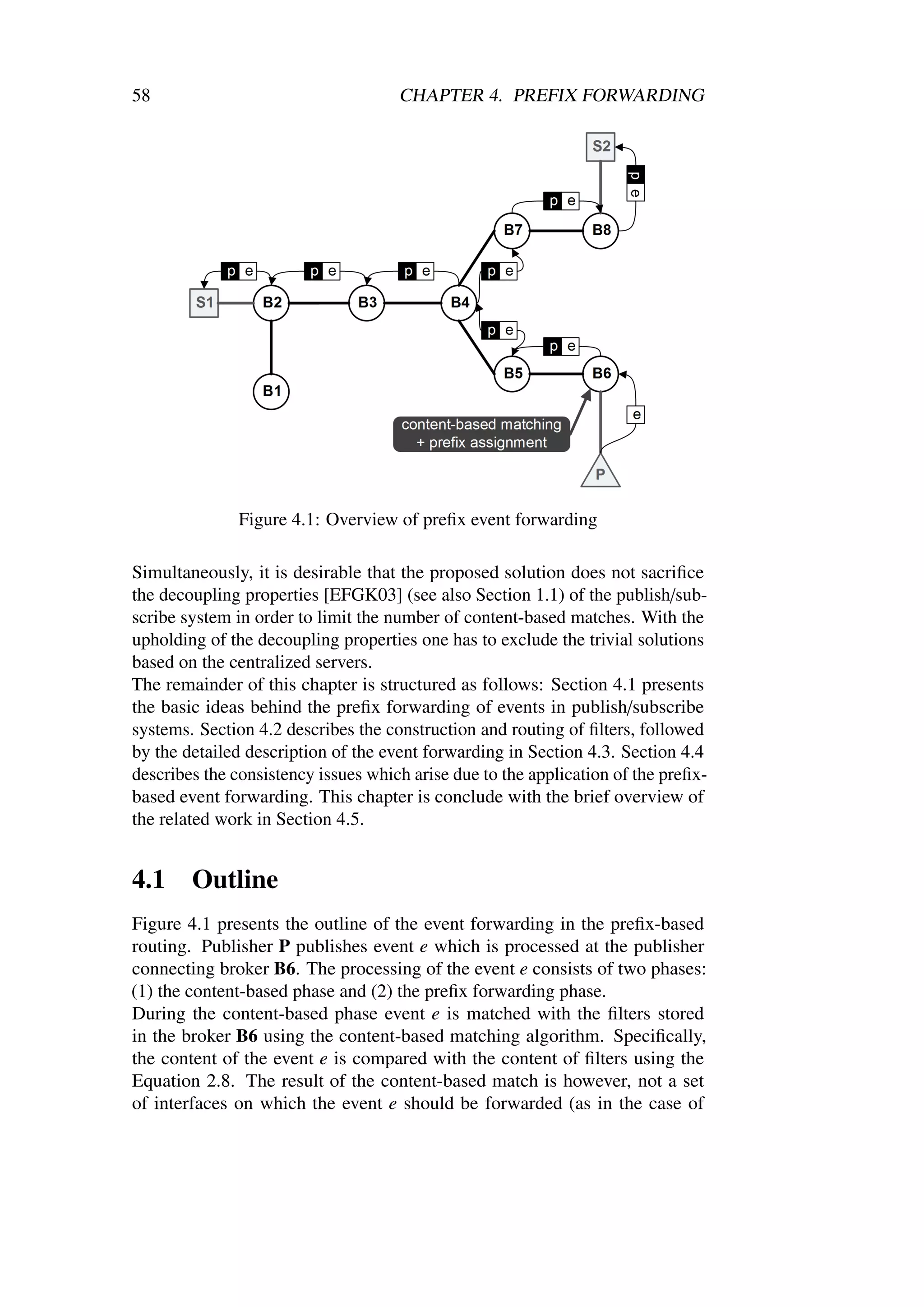 58                                   CHAPTER 4. PREFIX FORWARDING




               Figure 4.1: Overview of preﬁx event forwarding

Simultaneously, it is desirable that the proposed solution does not sacriﬁce
the decoupling properties [EFGK03] (see also Section 1.1) of the publish/sub-
scribe system in order to limit the number of content-based matches. With the
upholding of the decoupling properties one has to exclude the trivial solutions
based on the centralized servers.
The remainder of this chapter is structured as follows: Section 4.1 presents
the basic ideas behind the preﬁx forwarding of events in publish/subscribe
systems. Section 4.2 describes the construction and routing of ﬁlters, followed
by the detailed description of the event forwarding in Section 4.3. Section 4.4
describes the consistency issues which arise due to the application of the preﬁx-
based event forwarding. This chapter is conclude with the brief overview of
the related work in Section 4.5.


4.1     Outline
Figure 4.1 presents the outline of the event forwarding in the preﬁx-based
routing. Publisher P publishes event e which is processed at the publisher
connecting broker B6. The processing of the event e consists of two phases:
(1) the content-based phase and (2) the preﬁx forwarding phase.
During the content-based phase event e is matched with the ﬁlters stored
in the broker B6 using the content-based matching algorithm. Speciﬁcally,
the content of the event e is compared with the content of ﬁlters using the
Equation 2.8. The result of the content-based match is however, not a set
of interfaces on which the event e should be forwarded (as in the case of
 