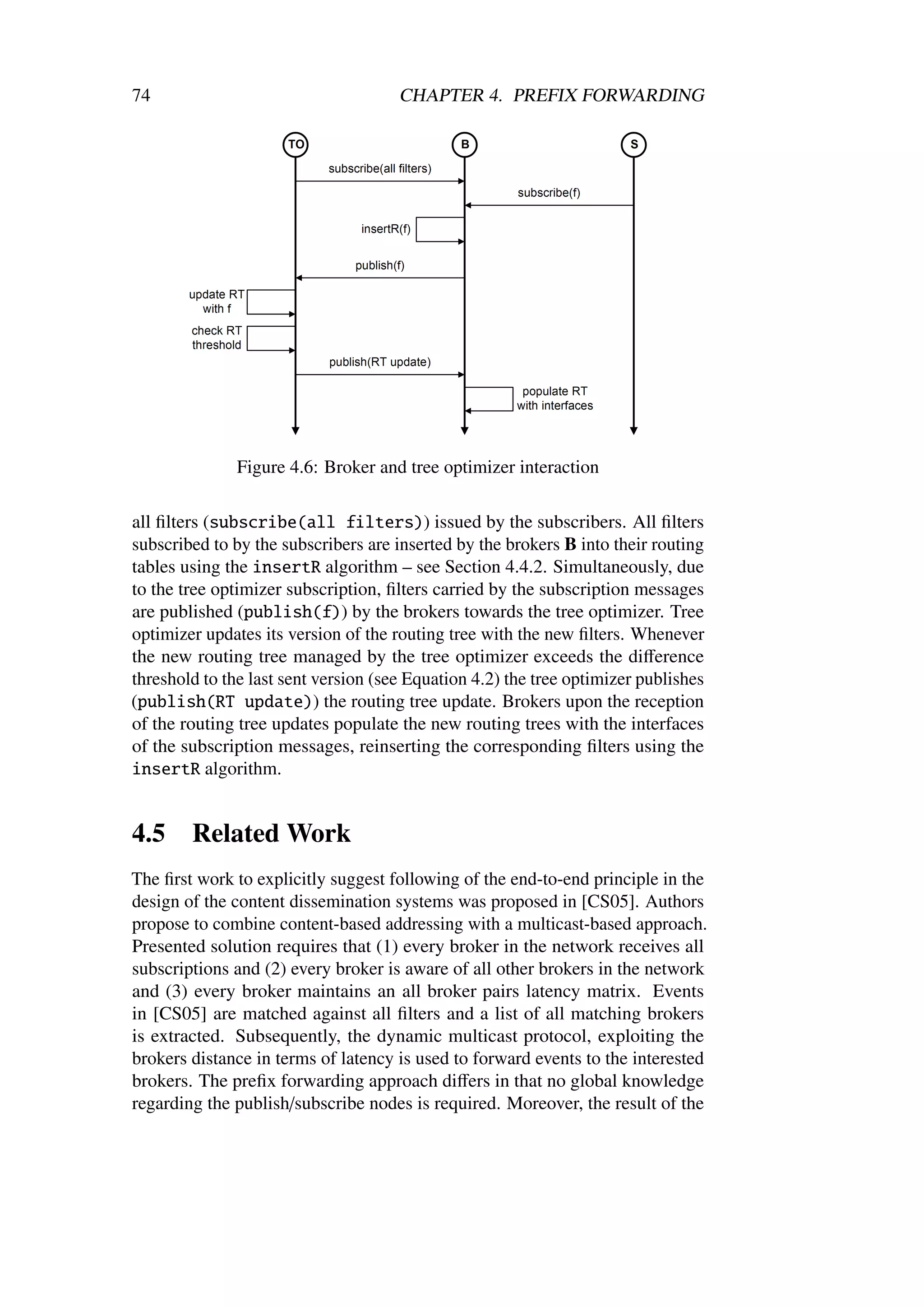 74                                    CHAPTER 4. PREFIX FORWARDING




               Figure 4.6: Broker and tree optimizer interaction

all ﬁlters (subscribe(all filters)) issued by the subscribers. All ﬁlters
subscribed to by the subscribers are inserted by the brokers B into their routing
tables using the insertR algorithm – see Section 4.4.2. Simultaneously, due
to the tree optimizer subscription, ﬁlters carried by the subscription messages
are published (publish(f)) by the brokers towards the tree optimizer. Tree
optimizer updates its version of the routing tree with the new ﬁlters. Whenever
the new routing tree managed by the tree optimizer exceeds the diﬀerence
threshold to the last sent version (see Equation 4.2) the tree optimizer publishes
(publish(RT update)) the routing tree update. Brokers upon the reception
of the routing tree updates populate the new routing trees with the interfaces
of the subscription messages, reinserting the corresponding ﬁlters using the
insertR algorithm.


4.5     Related Work
The ﬁrst work to explicitly suggest following of the end-to-end principle in the
design of the content dissemination systems was proposed in [CS05]. Authors
propose to combine content-based addressing with a multicast-based approach.
Presented solution requires that (1) every broker in the network receives all
subscriptions and (2) every broker is aware of all other brokers in the network
and (3) every broker maintains an all broker pairs latency matrix. Events
in [CS05] are matched against all ﬁlters and a list of all matching brokers
is extracted. Subsequently, the dynamic multicast protocol, exploiting the
brokers distance in terms of latency is used to forward events to the interested
brokers. The preﬁx forwarding approach diﬀers in that no global knowledge
regarding the publish/subscribe nodes is required. Moreover, the result of the
 
