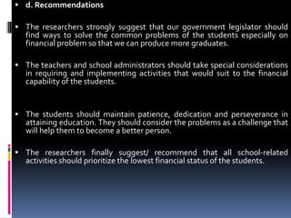 d. RecommendationsThe researchers strongly suggest that our government legislator should find ways to solve the common problems of the students especially on financial problem so that we can produce more graduates. The teachers and school administrators should take special considerations in requiring and implementing activities that would suit to the financial capability of the students.  The students should maintain patience, dedication and perseverance in attaining education. They should consider the problems as a challenge that will help them to become a better person. The researchers finally suggest/ recommend that all school-related activities should prioritize the lowest financial status of the students.   