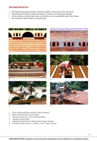 HOURDI ROOFING

•    The hourdi block produced by the Auram press 3000 is used to create floors and roofs.
•    These blocks rest either on reinforced concrete T beams or on ferrocement channels.
•    As these blocks are hollow they create roofs which are more comfortable under a hot climate.
•    The resistance of these blocks is extremely high.




1.                                                         2.




3.                                                         4.




5.                                                         6.


1.    Floor with hourdi blocks and ferrocement channels
2.    Roof with hourdi blocks and T beams
3.    Placing T beams for a roof with hourdi blocks
4.    Adjusting hourdi blocks
5.    Adjusting hourdi blocks in between ferrocement channels
6.    Casting an earth concrete: 1 cement: 2 soil: 3 sand: 4 gravel




                                                                                                                    85
EARTH ARCHITECTURE-Innovations in earth construction and potential of earth architecture in contemporary scenario
 