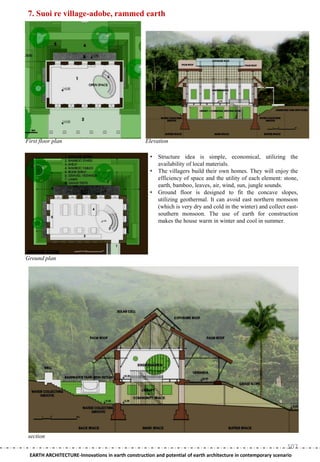 7. Suoi re village-adobe, rammed earth




First floor plan                                  Elevation

                                                    •   Structure idea is simple, economical, utilizing the
                                                        availability of local materials.
                                                    •   The villagers build their own homes. They will enjoy the
                                                        efficiency of space and the utility of each element: stone,
                                                        earth, bamboo, leaves, air, wind, sun, jungle sounds.
                                                    •   Ground floor is designed to fit the concave slopes,
                                                        utilizing geothermal. It can avoid east northern monsoon
                                                        (which is very dry and cold in the winter) and collect east-
                                                        southern monsoon. The use of earth for construction
                                                        makes the house warm in winter and cool in summer.




Ground plan




 section
                                                                                                                107
 EARTH ARCHITECTURE-Innovations in earth construction and potential of earth architecture in contemporary scenario
 
