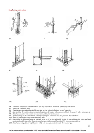Step by step construction




94.                                                   95.                                 96.




97.                                       98.                                       99.




100.                                     101.                                         102.


94. T o set the columns use a plumb to make sure they are vertical, hold them temporarily with braces.
95. Always cut cane after knots.
96. The poles are fastened with a flexible material, such as galvanised wire or treated plant fibre
97. After defining the position of the vertical poles fix them. If you use hollow concrete blocks these can be taken advantage of.
98. Detail of connection between the corner column and the horizontal canes.
99. After justalling all the vertical poles, and before fixing the horizontal ones, the fasteners should be fixed.
100. Detail of join between vertical and horizontal poles
AOBE
101. After fitting the horizontal poles at a height of up to 50 cm it is advisable to first fill the columns with wattle and daub
     mortar followed by the walls. The separation between the horizontal bars should be between 6cm and 8cm.
102. Detail of covering of iron ring (diameter 1/4"), with concrete mortar to make the column rigid.

                                                                                                                            30

EARTH ARCHITECTURE-Innovations in earth construction and potential of earth architecture in contemporary scenario
 