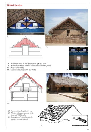 Related drawings




9.




                                                      10.




11.

 8. Wattle and daub on top of wall made of CSEB units.
 9. Connection of truss with the wattle and daub timber frame.
10. Roof wall assembly
11. Hunnarshala, Bhuj(wattle and daub)                           8.




12.                                                      13.



 12. Hunnarshala, Bhuj(thatch roof)
 13. Thatch roof supported on a steel
     truss and CSEB walls
 14. Connection of roof tiles with the
     wooden strips(stringers)


                                               14.

                                                                      35
 
