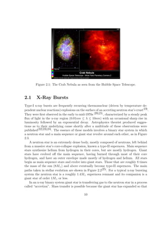 Figure 2.1: The Crab Nebula as seen from the Hubble Space Telescope.



2.1      X-Ray Bursts
Type-I x-ray bursts are frequently recurring thermonuclear (driven by temperature de-
pendent nuclear reactions) explosions on the surface of an accreting neutron star’s crust[19] .
They were ﬁrst observed in the early to mid-1970s [20][21] , characterized by a steady peak
ﬂux of light in the x-ray region (0.01nm ≤ λ ≤ 10nm) with an occasional sharp rise in
luminosity followed by an exponential decay. Astrophysics theorist produced sugges-
tions as to their underlying cause shortly after a multitude of these observations were
published[22][23][24] . The essence of these models involves a binary star system in which
a neutron star and a main sequence or giant star revolve around each other, as in Figure
2.3.
    A neutron star is an extremely dense body, mostly composed of neutrons, left behind
from a massive star’s core-collapse explosion, known a type-II supernova. Main sequence
stars synthesize helium from hydrogen in their cores, but are mostly hydrogen. Giant
stars have evolved oﬀ the main sequence, having burned through most of their core
hydrogen, and have an outer envelope made mostly of hydrogen and helium. All stars
begin as main sequence stars and evolve into giant stars. Those that are roughly 8 times
the mass of the sun (8M⊙ ) and above eventually become type-II supernova. The main
paths taken in stellar evolution are shown in Figure 2.2[25] . For a typical x-ray bursting
system the neutron star is a roughly 1.4M⊙ supernova remnant and its companion is a
giant star of order 1M⊙ or less.
    In an x-ray binary system giant star is transferring gas to the neutron star in a process
called “accretion”. Mass transfer is possible because the giant star has expanded so that

                                             10
 