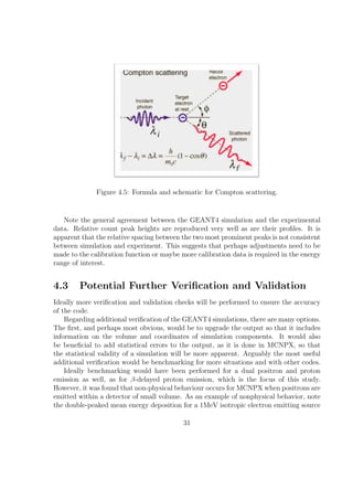 Figure 4.5: Formula and schematic for Compton scattering.


   Note the general agreement between the GEANT4 simulation and the experimental
data. Relative count peak heights are reproduced very well as are their proﬁles. It is
apparent that the relative spacing between the two most prominent peaks is not consistent
between simulation and experiment. This suggests that perhaps adjustments need to be
made to the calibration function or maybe more calibration data is required in the energy
range of interest.


4.3     Potential Further Veriﬁcation and Validation
Ideally more veriﬁcation and validation checks will be performed to ensure the accuracy
of the code.
    Regarding additional veriﬁcation of the GEANT4 simulations, there are many options.
The ﬁrst, and perhaps most obvious, would be to upgrade the output so that it includes
information on the volume and coordinates of simulation components. It would also
be beneﬁcial to add statistical errors to the output, as it is done in MCNPX, so that
the statistical validity of a simulation will be more apparent. Arguably the most useful
additional veriﬁcation would be benchmarking for more situations and with other codes.
    Ideally benchmarking would have been performed for a dual positron and proton
emission as well, as for β-delayed proton emission, which is the focus of this study.
However, it was found that non-physical behaviour occurs for MCNPX when positrons are
emitted within a detector of small volume. As an example of nonphysical behavior, note
the double-peaked mean energy deposition for a 1MeV isotropic electron emitting source

                                           31
 