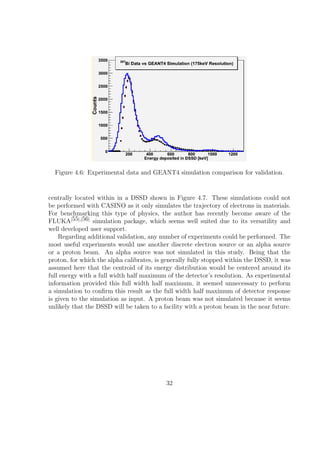 Figure 4.6: Experimental data and GEANT4 simulation comparison for validation.


centrally located within in a DSSD shown in Figure 4.7. These simulations could not
be performed with CASINO as it only simulates the trajectory of electrons in materials.
For benchmarking this type of physics, the author has recently become aware of the
FLUKA[55],[56] simulation package, which seems well suited due to its versatility and
well developed user support.
    Regarding additional validation, any number of experiments could be performed. The
most useful experiments would use another discrete electron source or an alpha source
or a proton beam. An alpha source was not simulated in this study. Being that the
proton, for which the alpha calibrates, is generally fully stopped within the DSSD, it was
assumed here that the centroid of its energy distribution would be centered around its
full energy with a full width half maximum of the detector’s resolution. As experimental
information provided this full width half maximum, it seemed unnecessary to perform
a simulation to conﬁrm this result as the full width half maximum of detector response
is given to the simulation as input. A proton beam was not simulated because it seems
unlikely that the DSSD will be taken to a facility with a proton beam in the near future.




                                           32
 