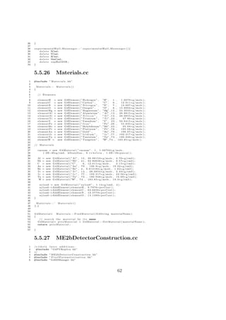 26   }
27
28   experimentalHall Messenger : : ˜ experimentalHall Messenger (){
29      d e l e t e XCmd;
30      d e l e t e YCmd;
31      d e l e t e ZCmd ;
32      d e l e t e MatCmd ;
33      d e l e t e expHallDIR ;
34   }


     5.5.26                    Materials.cc
 1   #include ” M a t e r i a l s . hh”
 2
 3       Materials : :         Materials ()
 4   {
 5
 6        // E l e m e n t s
 7
 8        elementH =           new    G4Element ( ” Hydrogen ” ,                 ”H” ,      1.    ,       1 . 0 0 7 9 ∗ g / mole ) ;
 9        elementC =           new    G4Element ( ” Carbon ” ,                   ”C” ,      6.    ,       1 2 . 0 1 1 ∗ g / mole ) ;
10        elementN =           new    G4Element ( ” N i t r o g e n ” ,          ”N” ,      7.    ,       1 4 . 0 0 7 ∗ g / mole ) ;
11        elementO =           new    G4Element ( ” Oxygen ” ,                   ”O” ,      8.    ,     1 5 . 9 9 9 4 ∗ g / mole ) ;
12        elementMg =          new    G4Element ( ” Magnesium ” ,                ”Mg” , 1 2 .     ,     2 4 . 3 0 5 0 ∗ g / mole ) ;
13        elementAl =          new    G4Element ( ” Aluminium ” ,                ” Al ” , 1 3 .   ,     2 6 . 9 8 1 5 ∗ g / mole ) ;
14        elementSi =          new    G4Element ( ” S i l i c o n ” ,            ” Si ” ,14.      ,     2 8 . 0 8 5 5 ∗ g / mole ) ;
15        elementTi =          new    G4Element ( ” Titanium ” ,                 ” Ti ” , 2 2 .   ,         4 7 . 9 0 ∗ g / mole ) ;
16        elementV =           new    G4Element ( ” Vanadium ” ,                 ”V” , 2 3 .      ,     5 0 . 9 4 1 5 ∗ g / mole ) ;
17        elementFe =          new    G4Element ( ” I r o n ” ,                  ” Fe ” , 2 6 .   ,       5 5 . 8 4 5 ∗ g / mole ) ;
18        elementMo =          new    G4Element ( ”Molybdenum ”                , ”Mo” , 4 2 .     ,         9 5 . 9 4 ∗ g / mole ) ;
19        elementPt =          new    G4Element ( ” Platinum ” ,                 ” Pt ” , 7 8 .   ,       1 9 5 . 0 8 ∗ g / mole ) ;
20        elementAu =          new    G4Element ( ” Gold ” ,                     ”Au” , 7 9 .     ,       1 9 6 . 9 7 ∗ g / mole ) ;
21        elementIr =          new    G4Element ( ” I r i d i u m ” ,            ” Ir ” ,77.      ,     1 9 2 . 2 1 7 ∗ g / mole ) ;
22        elementTa =          new    G4Element ( ” Tantalum ” ,                 ”Ta” , 7 3 .     ,     1 8 0 . 9 4 8 ∗ g / mole ) ;
23        elementW =           new    G4Element ( ” Tungsten ” ,                 ”W” , 7 4 . ,        1 8 3 . 8 5 ∗ g / mole ) ;
24
25   // M a t e r i a l s
26
27        vacuum = new G 4 M a t e r i a l ( ”vacuum ” , 1 , 1 . 0 0 7 9 4 ∗ g / mole ,
28            1 . 0 E−25∗g /cm3 , k S t a t e G a s , 0 . 1 ∗ k e l v i n , 1 . 0 E−19∗ p a s c a l ) ;
29
30       Al   =   new    G 4 M a t e r i a l ( ” Al ”   , 1 3 , 2 6 . 9 8 1 5 3 ∗ g / mole , 2 . 7 0 ∗ g /cm3 ) ;
31       Nb   =   new    G 4 M a t e r i a l ( ”Nb”     , 4 1 , 9 2 . 9 0 6 3 8 ∗ g / mole , 8 . 5 7 ∗ g /cm3 ) ;
32       C    =   new    G 4 M a t e r i a l ( ”C” ,        6 , 1 2 . 0 1 1 ∗ g / mole ,      2 . 1 5 ∗ g /cm3 ) ;
33       Au   =   new    G 4 M a t e r i a l ( ”Au”     , 7 9 . , 1 9 6 . 9 ∗ g / mole , 1 9 . 3 2 ∗ g /cm3 ) ;
34       Be   =   new    G 4 M a t e r i a l ( ”Be”     , 4 , 9 . 0 1 2 1 8 2 ∗ g / mole , 1 . 8 4 ∗ g /cm3 ) ;
35       Si   =   new    G4Material ( ” Si ”            , 1 4 . , 2 8 . 0 8 5 5 ∗ g / mole , 2 . 3 3 ∗ g /cm3 ) ;
36       Ir   =   new    G4Material ( ” I r ”           , 7 7 . , 1 9 2 . 2 1 7 ∗ g / mole , 2 2 . 5 6 ∗ g /cm3 ) ;
37       Ta   =   new    G 4 M a t e r i a l ( ”Ta”     , 7 3 . , 1 8 0 . 9 4 8 ∗ g / mole , 1 6 . 6 9 ∗ g /cm3 ) ;
38        W   =   new    G 4 M a t e r i a l ( ”W” ,     7 4 . , 1 8 3 . 8 5 ∗ g / mole , 1 9 . 3 ∗ g /cm3 ) ;
39
40         n y l o n 6 = new G 4 M a t e r i a l ( ” n y l o n 6 ” , 1 . 1 4 ∗ g /cm3 , 4 ) ;
41         n y l o n 6−>AddElement ( elementH , 9 . 7 9 7 6 ∗ p e r C e n t ) ;
42         n y l o n 6−>AddElement ( elementC , 6 3 . 6 8 5 6 ∗ p e r C e n t ) ;
43         n y l o n 6−>AddElement ( elementN , 1 2 . 3 7 7 9 ∗ p e r C e n t ) ;
44         n y l o n 6−>AddElement ( elementO , 1 4 . 1 3 8 9 ∗ p e r C e n t ) ;
45   }
46
47    Materials : : ˜           Materials ()
48   {;}
49
50
51   G4Material ∗      M a t e r i a l s : : F i n d M a t e r i a l ( G4String materialName )
52   {
53      // s e a r c h t h e m a t e r i a l by i t s name
54     G4Material ∗ p t t o M a t e r i a l = G4Material : : Ge t Ma t e r i a l ( materialName ) ;
55     return p t t o M a t e r i a l ;
56
57   }


     5.5.27                    ME2bDetectorConstruction.cc
 1   /∗ l i k e l y l a t e r a d d i t i o n s :
 2    #include ” G4PVReplica . hh”
 3   ∗/
 4   #include ” M E 2 b D e t e c t o r C o n s t r u c t i o n . hh”
 5   #include ” P i x e l P a r a m e t e r i s a t i o n . hh ”
 6   #include ”G4SDManager . hh”




                                                                                                      62
 