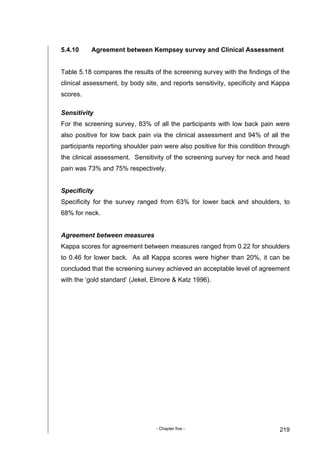 - Chapter five - 219
5.4.10 Agreement between Kempsey survey and Clinical Assessment
Table 5.18 compares the results of the screening survey with the findings of the
clinical assessment, by body site, and reports sensitivity, specificity and Kappa
scores.
Sensitivity
For the screening survey, 83% of all the participants with low back pain were
also positive for low back pain via the clinical assessment and 94% of all the
participants reporting shoulder pain were also positive for this condition through
the clinical assessment. Sensitivity of the screening survey for neck and head
pain was 73% and 75% respectively.
Specificity
Specificity for the survey ranged from 63% for lower back and shoulders, to
68% for neck.
Agreement between measures
Kappa scores for agreement between measures ranged from 0.22 for shoulders
to 0.46 for lower back. As all Kappa scores were higher than 20%, it can be
concluded that the screening survey achieved an acceptable level of agreement
with the ‘gold standard’ (Jekel, Elmore & Katz 1996).
 