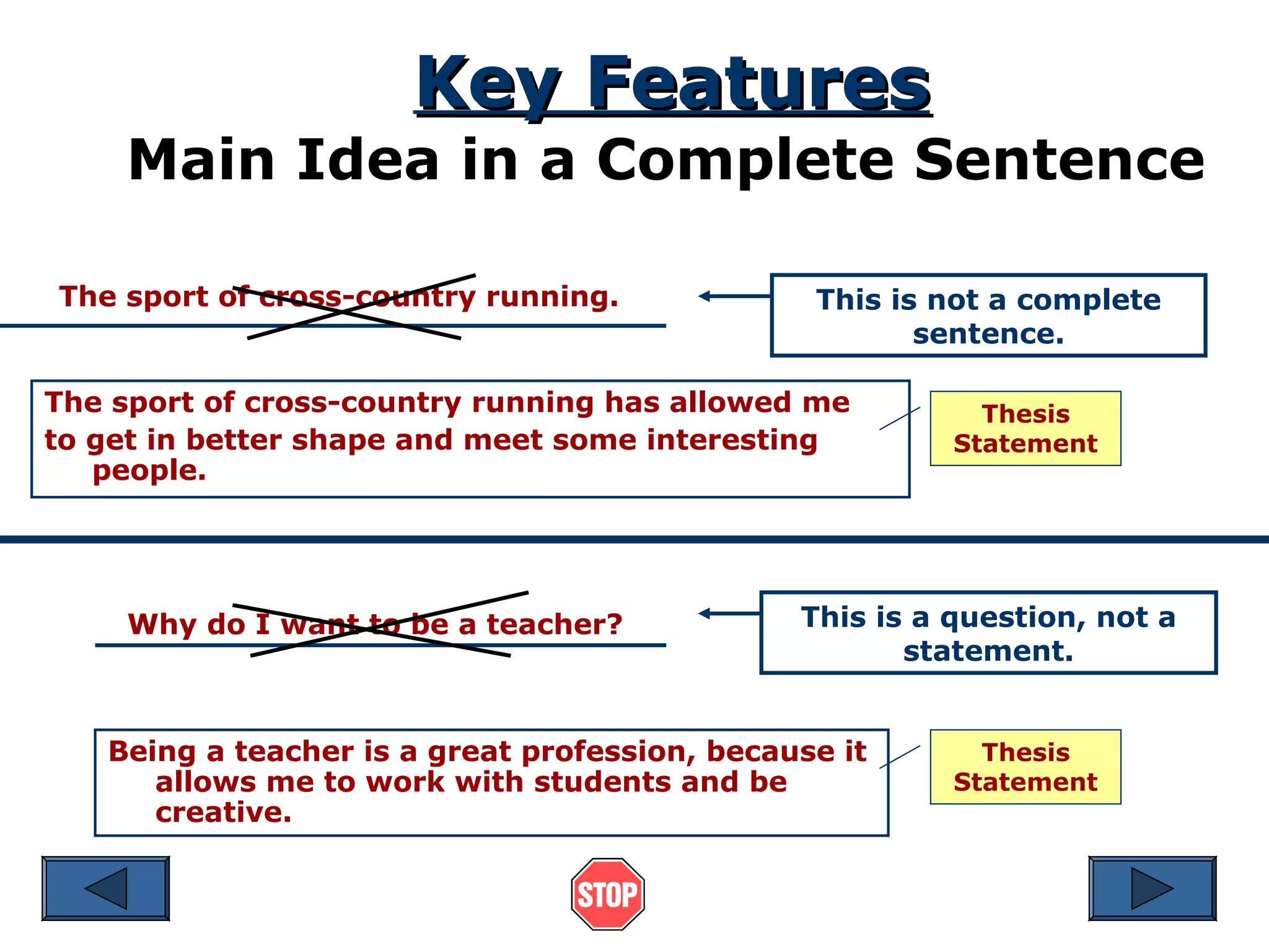 Key Features

Main Idea in a Complete Sentence
The sport of cross-country running.

This is not a complete
sentence.

The sport of cross-country running has allowed me
to get in better shape and meet some interesting
people.

Why do I want to be a teacher?

Thesis
Statement

This is a question, not a
statement.

Being a teacher is a great profession, because it
allows me to work with students and be
creative.

Thesis
Statement

 