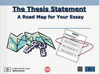 The Thesis Statement
A Road Map for Your Essay

Int
r

The
s

ESS
AY
od
uc

tio
n
is S
t at
em
B od
ent
yP
ara
gra
ph
B od
#1
yP
ara
gra
ph
B od
#2
yP
ara
gra
ph
#3

© 2001 by Ruth Luman

References

 