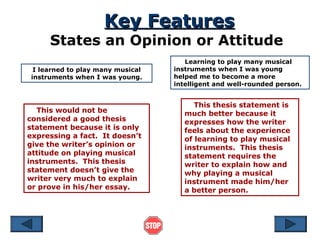 Key Features

States an Opinion or Attitude
I learned to play many musical
instruments when I was young.

This would not be
considered a good thesis
statement because it is only
expressing a fact. It doesn’t
give the writer’s opinion or
attitude on playing musical
instruments. This thesis
statement doesn’t give the
writer very much to explain
or prove in his/her essay.

Learning to play many musical
instruments when I was young
helped me to become a more
intelligent and well-rounded person.

This thesis statement is
much better because it
expresses how the writer
feels about the experience
of learning to play musical
instruments. This thesis
statement requires the
writer to explain how and
why playing a musical
instrument made him/her
a better person.

 