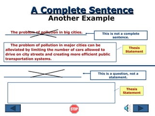 A Complete Sentence
Another Example

The problem of pollution in big cities.

This is not a complete
sentence.

The problem of pollution in major cities can be
alleviated by limiting the number of cars allowed to
drive on city streets and creating more efficient public
transportation systems.

Thesis
Statement

This is a question, not a
statement.

Thesis
Statement

 