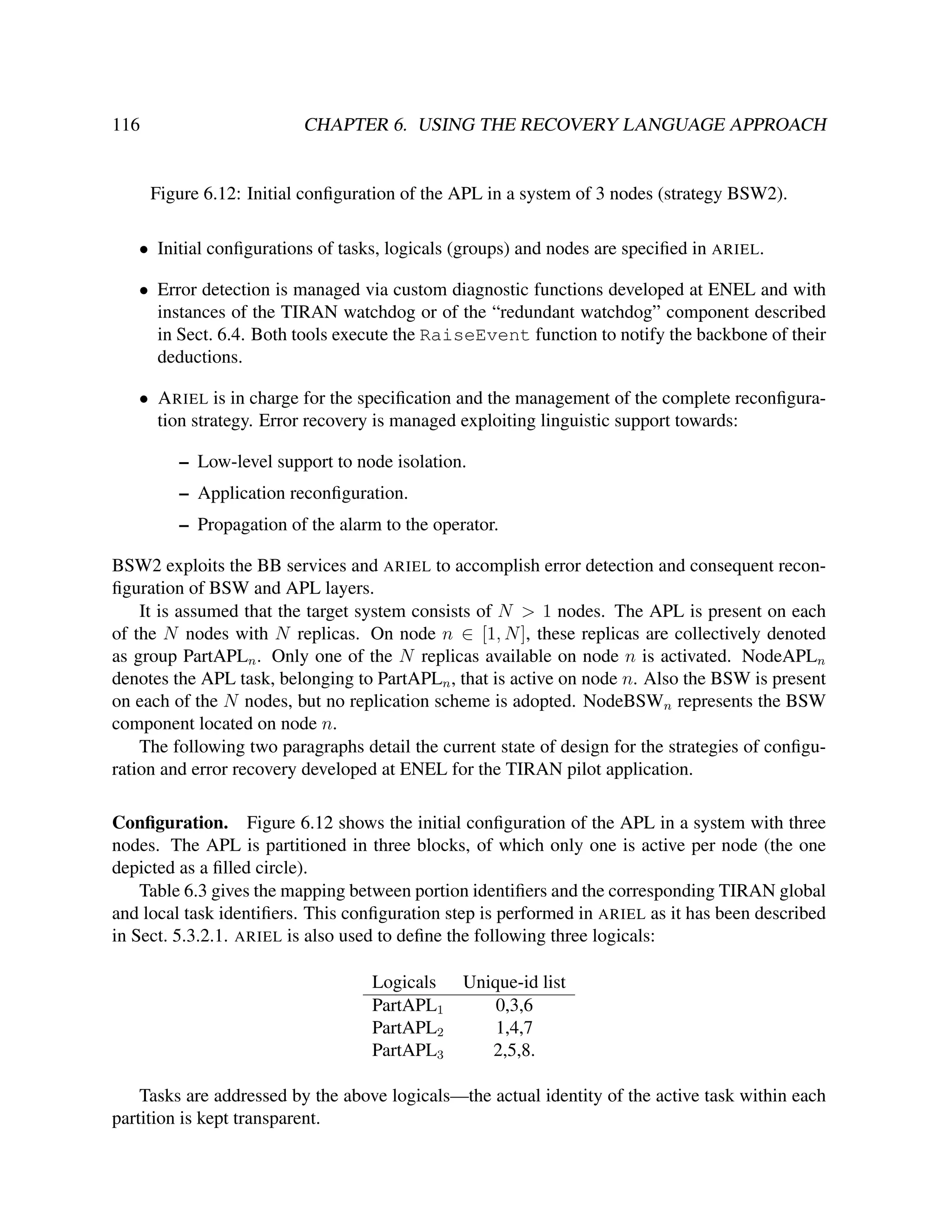 116

CHAPTER 6. USING THE RECOVERY LANGUAGE APPROACH

Figure 6.12: Initial conﬁguration of the APL in a system of 3 nodes (strategy BSW2).
• Initial conﬁgurations of tasks, logicals (groups) and nodes are speciﬁed in ARIEL.
• Error detection is managed via custom diagnostic functions developed at ENEL and with
instances of the TIRAN watchdog or of the “redundant watchdog” component described
in Sect. 6.4. Both tools execute the RaiseEvent function to notify the backbone of their
deductions.
• A RIEL is in charge for the speciﬁcation and the management of the complete reconﬁguration strategy. Error recovery is managed exploiting linguistic support towards:
– Low-level support to node isolation.
– Application reconﬁguration.
– Propagation of the alarm to the operator.
BSW2 exploits the BB services and ARIEL to accomplish error detection and consequent reconﬁguration of BSW and APL layers.
It is assumed that the target system consists of N > 1 nodes. The APL is present on each
of the N nodes with N replicas. On node n ∈ [1, N ], these replicas are collectively denoted
as group PartAPLn . Only one of the N replicas available on node n is activated. NodeAPLn
denotes the APL task, belonging to PartAPLn , that is active on node n. Also the BSW is present
on each of the N nodes, but no replication scheme is adopted. NodeBSWn represents the BSW
component located on node n.
The following two paragraphs detail the current state of design for the strategies of conﬁguration and error recovery developed at ENEL for the TIRAN pilot application.
Conﬁguration. Figure 6.12 shows the initial conﬁguration of the APL in a system with three
nodes. The APL is partitioned in three blocks, of which only one is active per node (the one
depicted as a ﬁlled circle).
Table 6.3 gives the mapping between portion identiﬁers and the corresponding TIRAN global
and local task identiﬁers. This conﬁguration step is performed in ARIEL as it has been described
in Sect. 5.3.2.1. ARIEL is also used to deﬁne the following three logicals:
Logicals
PartAPL1
PartAPL2
PartAPL3

Unique-id list
0,3,6
1,4,7
2,5,8.

Tasks are addressed by the above logicals—the actual identity of the active task within each
partition is kept transparent.

 