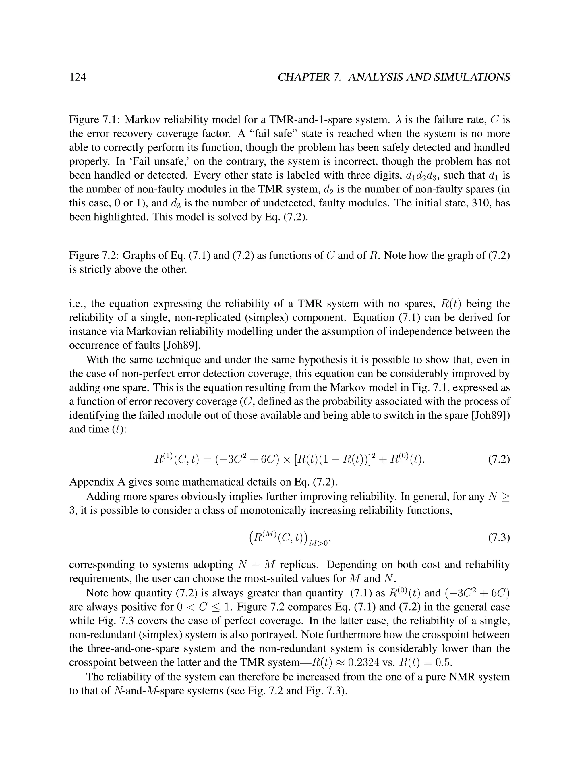 124

CHAPTER 7. ANALYSIS AND SIMULATIONS

Figure 7.1: Markov reliability model for a TMR-and-1-spare system. λ is the failure rate, C is
the error recovery coverage factor. A “fail safe” state is reached when the system is no more
able to correctly perform its function, though the problem has been safely detected and handled
properly. In ‘Fail unsafe,’ on the contrary, the system is incorrect, though the problem has not
been handled or detected. Every other state is labeled with three digits, d1 d2 d3 , such that d1 is
the number of non-faulty modules in the TMR system, d2 is the number of non-faulty spares (in
this case, 0 or 1), and d3 is the number of undetected, faulty modules. The initial state, 310, has
been highlighted. This model is solved by Eq. (7.2).
Figure 7.2: Graphs of Eq. (7.1) and (7.2) as functions of C and of R. Note how the graph of (7.2)
is strictly above the other.
i.e., the equation expressing the reliability of a TMR system with no spares, R(t) being the
reliability of a single, non-replicated (simplex) component. Equation (7.1) can be derived for
instance via Markovian reliability modelling under the assumption of independence between the
occurrence of faults [Joh89].
With the same technique and under the same hypothesis it is possible to show that, even in
the case of non-perfect error detection coverage, this equation can be considerably improved by
adding one spare. This is the equation resulting from the Markov model in Fig. 7.1, expressed as
a function of error recovery coverage (C, deﬁned as the probability associated with the process of
identifying the failed module out of those available and being able to switch in the spare [Joh89])
and time (t):
R(1) (C, t) = (−3C 2 + 6C) × [R(t)(1 − R(t))]2 + R(0) (t).

(7.2)

Appendix A gives some mathematical details on Eq. (7.2).
Adding more spares obviously implies further improving reliability. In general, for any N ≥
3, it is possible to consider a class of monotonically increasing reliability functions,
R(M ) (C, t)

M >0

,

(7.3)

corresponding to systems adopting N + M replicas. Depending on both cost and reliability
requirements, the user can choose the most-suited values for M and N .
Note how quantity (7.2) is always greater than quantity (7.1) as R(0) (t) and (−3C 2 + 6C)
are always positive for 0 < C ≤ 1. Figure 7.2 compares Eq. (7.1) and (7.2) in the general case
while Fig. 7.3 covers the case of perfect coverage. In the latter case, the reliability of a single,
non-redundant (simplex) system is also portrayed. Note furthermore how the crosspoint between
the three-and-one-spare system and the non-redundant system is considerably lower than the
crosspoint between the latter and the TMR system—R(t) ≈ 0.2324 vs. R(t) = 0.5.
The reliability of the system can therefore be increased from the one of a pure NMR system
to that of N-and-M-spare systems (see Fig. 7.2 and Fig. 7.3).

 