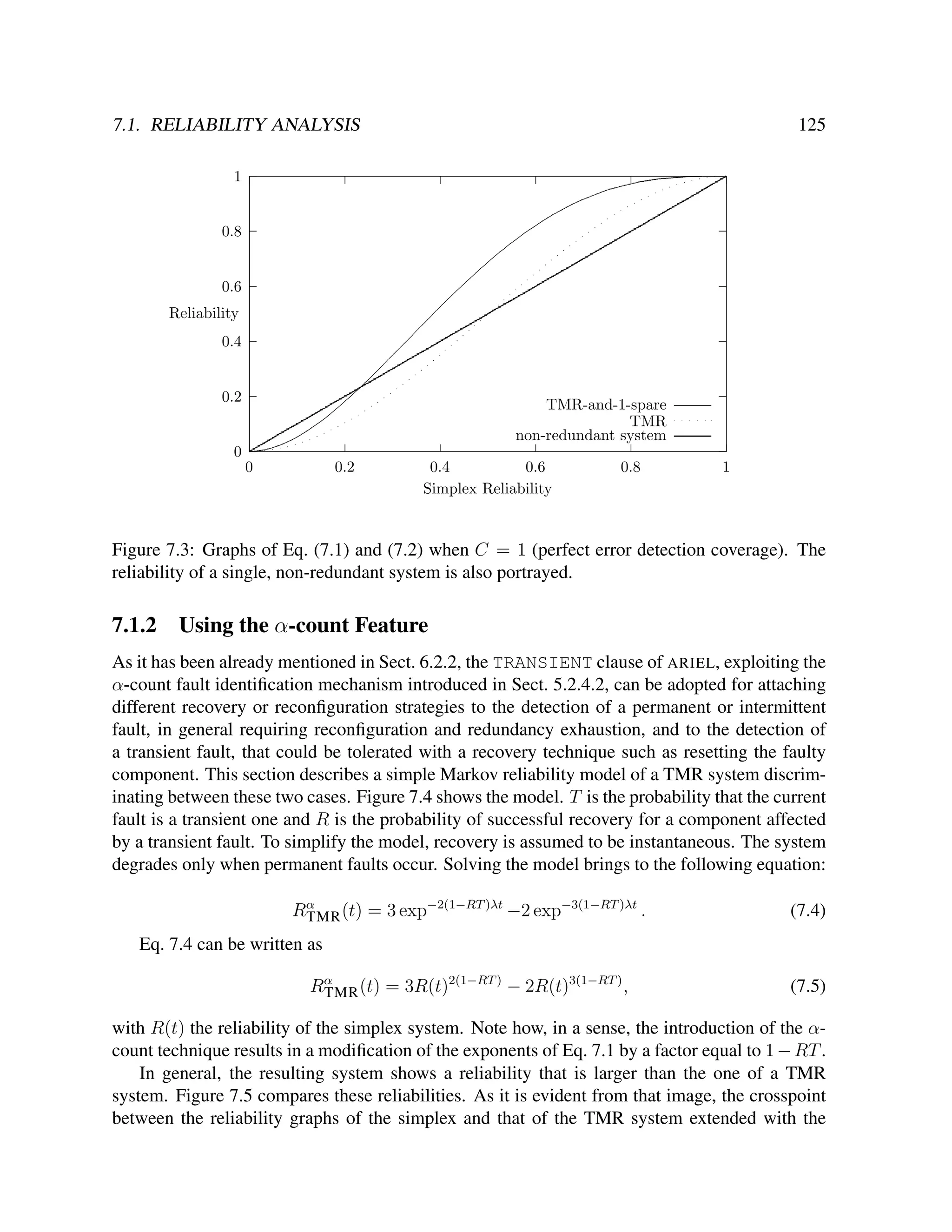 7.1. RELIABILITY ANALYSIS

125

1

0.8

0.6
Reliability
0.4

0.2

TMR-and-1-spare
TMR
non-redundant system

0
0

0.2

0.4
0.6
Simplex Reliability

0.8

1

Figure 7.3: Graphs of Eq. (7.1) and (7.2) when C = 1 (perfect error detection coverage). The
reliability of a single, non-redundant system is also portrayed.

7.1.2

Using the α-count Feature

As it has been already mentioned in Sect. 6.2.2, the TRANSIENT clause of ARIEL, exploiting the
α-count fault identiﬁcation mechanism introduced in Sect. 5.2.4.2, can be adopted for attaching
different recovery or reconﬁguration strategies to the detection of a permanent or intermittent
fault, in general requiring reconﬁguration and redundancy exhaustion, and to the detection of
a transient fault, that could be tolerated with a recovery technique such as resetting the faulty
component. This section describes a simple Markov reliability model of a TMR system discriminating between these two cases. Figure 7.4 shows the model. T is the probability that the current
fault is a transient one and R is the probability of successful recovery for a component affected
by a transient fault. To simplify the model, recovery is assumed to be instantaneous. The system
degrades only when permanent faults occur. Solving the model brings to the following equation:
Rα (t) = 3 exp−2(1−RT )λt −2 exp−3(1−RT )λt .
TMR

(7.4)

Eq. 7.4 can be written as
Rα (t) = 3R(t)2(1−RT ) − 2R(t)3(1−RT ) ,
TMR

(7.5)

with R(t) the reliability of the simplex system. Note how, in a sense, the introduction of the αcount technique results in a modiﬁcation of the exponents of Eq. 7.1 by a factor equal to 1 − RT .
In general, the resulting system shows a reliability that is larger than the one of a TMR
system. Figure 7.5 compares these reliabilities. As it is evident from that image, the crosspoint
between the reliability graphs of the simplex and that of the TMR system extended with the

 
