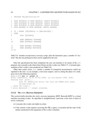 CHAPTER 5. A DISTRIBUTED ARCHITECTURE BASED ON RεL

94
1

INCLUDE "my definitions.h"

2
3
4
5

TASK
TASK
TASK
TASK

6
7
8

IF [ PHASE (T{VOTER1}) == {HAS FAILED} ]
THEN
STOP T{VOTER1}

{VOTER1} IS NODE {NODE1}, TASKID {VOTER1}
{VOTER2} IS NODE {NODE2}, TASKID {VOTER2}
{VOTER3} IS NODE {NODE3}, TASKID {VOTER3}
{SPARE} IS NODE {NODE4}, TASKID {SPARE}

9
10

SEND {WAKEUP} T{SPARE}
SEND {VOTER1} T{SPARE}

11
12
13 FI

SEND {SPARE} T{VOTER2}
SEND {SPARE} T{VOTER3}

Table 5.6: Another excerpt from a recovery script: after the declarative part, a number of “sections” like the one portrayed in here can be supplied by the user.
Once the speciﬁcation has been completed, the user can translate it, by means of the art
program, into a pseudo-code whose basic blocks are the r-codes (see Table 5.7). A textual representation of the r-codes is also produced (see Table 5.8).
Other than syntax errors, art catches a number of semantical inconsistencies which are
reported to the user—as an example, a non-sense request, such as asking the phase of a node,
gives rise to the following response:
bash-2.02$ art -i .ariel -s
Ariel translator, v2.0f 25-Jul-2000, (c) K.U.Leuven 1999, 2000.
Parsing file .ariel...
Line 76: semantical error: Can only use PHASE with tasks
if-then-else: ok
...done (85 lines.)
1 error detected --- output rejected.

5.3.3.2

The ARIEL Recovery Interpreter

This section brieﬂy describes the ARIEL recovery interpreter, RINT. Basically RINT is a virtual
machine executing r-codes. Its algorithm is straightforward: each time a new error or burst of
errors is detected,
• it executes the r-codes one triplet at a time;
• if the current r-code requires accessing the DB, a query is executed and the state of the
entities mentioned in the arguments of the r-code is checked;

 