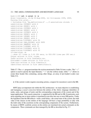 5.3. THE ARIEL CONFIGURATION AND RECOVERY LANGUAGE

95

bash-2.02$ art -i ariel -v -s
Ariel translator, v2.0g 03-Aug-2000, (c) K.U.Leuven 1999, 2000.
Parsing file ariel...
[ Including file ‘my_definitions.h’ ...9 associations stored. ]
substituting {VOTER1} with 0
substituting {NODE1} with 1
substituting {VOTER2} with 1
substituting {NODE2} with 2
substituting {VOTER3} with 2
substituting {NODE3} with 3
substituting {SPARE} with 3
substituting {NODE4} with 4
substituting T{VOTER1} with T0
substituting {HAS_FAILED} with 9999
substituting {WAKEUP} with 18
substituting T{SPARE} with T3
substituting T{VOTER2} with T1
substituting T{VOTER3} with T2
if-then-else: ok
...done (17 lines in 0.02 CPU secs, or 850.000 lines per CPU sec.)
Output written in file .rcode.
Tasks written in file TaskTable.csv.
Preloaded r-codes written in file trl.h.
Time-outs written in file timeouts.h.
Identifiers written in file identifiers.h.

Table 5.7: The art program translates the section mentioned in Table 5.6 into r-codes. The “-i”
option is used to specify the input ﬁlename, “-v” sets the verbose mode, while “-s” allows to
create three header ﬁles containing, among other things, an array of pre-loaded r-codes (see
Table 5.5).
• if the current r-codes requires executing actions, a request for execution is sent to the BB.
RINT plays an important role within the RεL architecture—its main objective is establishing
and managing a causal connection between the entities of the A RIEL language (identiﬁers of
nodes, tasks, and groups of tasks) and the corresponding components of the system and of the
target application. This causal connection is supported by the BB and its DB. In particular, each
atom regarding one or more entities is translated at run-time into one or more DB queries. Under
the hypothesis that the DB reﬂects—with a small delay—the actual state of the system, the truth
value of the clauses on the entities of the language will have a large probability to tally with
the truth value of the assertions on the corresponding components of the system. Furthermore,
by means of RINT, symbolic actions on the entities are translated into actual commands on the
components. These commands are then managed by the BB as described in Fig. 5.7.

 