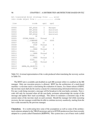 96

CHAPTER 5. A DISTRIBUTED ARCHITECTURE BASED ON RεL

Art translated Ariel strategy file: .... ariel
into rcode object file : ............... .rcode
line
rcode
opn1
opn2
---------------------------------------------00000
SET_ROLE
0
Manager
00001
SET_ROLE
1
Assistant
00002
SET_ROLE
2
Assistant
00003
SET_ROLE
3
Assistant
00004
IF
00005
STORE_PHASE...
Thread
0
00006
...COMPARE
==
9999
00007
FALSE
10
00008
STOP
Thread
0
00009
PUSH...
18
00010
...SEND
Thread
3
00011
PUSH...
0
00012
...SEND
Thread
3
00013
PUSH...
3
00014
...SEND
Thread
1
00015
PUSH...
3
00016
...SEND
Thread
2
00017
FI
00018
ANEW_OA_OBJECTS
1
00019
STOP

Table 5.8: A textual representation of the r-code produced when translating the recovery section
in Table 5.6.
The RINT task is available and disabled on each BB assistant while it is enabled on the BB
manager. Only one execution process is allowed. RINT has the architecture of a stack-based
machine—a run-time stack is used during the evaluation of clauses. In a future release of RINT,
the run-time stack shall also be used as a means for communicating information between actions.
For any r-code being executed, a message will be broadcast to the non-faulty assistants. Next rcode will only be executed when all the non-faulty assistants acknowledge the receipt of this
message and update their stack accordingly. This allows to maintain a consistent copy of the
current status of the run-time stack on each assistant. Should the manager fail while executing
recovery, the new manager would then be able to continue recovery seamlessly, starting from the
last r-code executed by the previous manager.

Chameleon. It is worth noting how some of the assumptions as well as some of the architectural solutions adopted in the TIRAN prototype and in its EFTOS predecessor have been recently
adopted in a system called Chameleon [KIBW99]. This system uses a set of basic tools (called

 