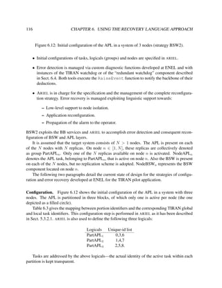 116

CHAPTER 6. USING THE RECOVERY LANGUAGE APPROACH

Figure 6.12: Initial conﬁguration of the APL in a system of 3 nodes (strategy BSW2).
• Initial conﬁgurations of tasks, logicals (groups) and nodes are speciﬁed in ARIEL.
• Error detection is managed via custom diagnostic functions developed at ENEL and with
instances of the TIRAN watchdog or of the “redundant watchdog” component described
in Sect. 6.4. Both tools execute the RaiseEvent function to notify the backbone of their
deductions.
• A RIEL is in charge for the speciﬁcation and the management of the complete reconﬁguration strategy. Error recovery is managed exploiting linguistic support towards:
– Low-level support to node isolation.
– Application reconﬁguration.
– Propagation of the alarm to the operator.
BSW2 exploits the BB services and ARIEL to accomplish error detection and consequent reconﬁguration of BSW and APL layers.
It is assumed that the target system consists of N > 1 nodes. The APL is present on each
of the N nodes with N replicas. On node n ∈ [1, N ], these replicas are collectively denoted
as group PartAPLn . Only one of the N replicas available on node n is activated. NodeAPLn
denotes the APL task, belonging to PartAPLn , that is active on node n. Also the BSW is present
on each of the N nodes, but no replication scheme is adopted. NodeBSWn represents the BSW
component located on node n.
The following two paragraphs detail the current state of design for the strategies of conﬁguration and error recovery developed at ENEL for the TIRAN pilot application.
Conﬁguration. Figure 6.12 shows the initial conﬁguration of the APL in a system with three
nodes. The APL is partitioned in three blocks, of which only one is active per node (the one
depicted as a ﬁlled circle).
Table 6.3 gives the mapping between portion identiﬁers and the corresponding TIRAN global
and local task identiﬁers. This conﬁguration step is performed in ARIEL as it has been described
in Sect. 5.3.2.1. ARIEL is also used to deﬁne the following three logicals:
Logicals
PartAPL1
PartAPL2
PartAPL3

Unique-id list
0,3,6
1,4,7
2,5,8.

Tasks are addressed by the above logicals—the actual identity of the active task within each
partition is kept transparent.

 