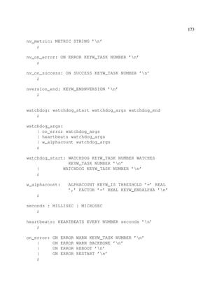 173
nv_metric: METRIC STRING ’n’
;
nv_on_error: ON ERROR KEYW_TASK NUMBER ’n’
;
nv_on_success: ON SUCCESS KEYW_TASK NUMBER ’n’
;
nversion_end: KEYW_ENDNVERSION ’n’
;

watchdog: watchdog_start watchdog_args watchdog_end
;
watchdog_args:
| on_error watchdog_args
| heartbeats watchdog_args
| w_alphacount watchdog_args
;
watchdog_start: WATCHDOG KEYW_TASK NUMBER WATCHES
KEYW_TASK NUMBER ’n’
|
WATCHDOG KEYW_TASK NUMBER ’n’
;
w_alphacount:

ALPHACOUNT KEYW_IS THRESHOLD ’=’ REAL
’,’ FACTOR ’=’ REAL KEYW_ENDALPHA ’n’

;
seconds : MILLISEC | MICROSEC
;
heartbeats: HEARTBEATS EVERY NUMBER seconds ’n’
;
on_error:
|
|
|
;

ON
ON
ON
ON

ERROR
ERROR
ERROR
ERROR

WARN KEYW_TASK NUMBER ’n’
WARN BACKBONE ’n’
REBOOT ’n’
RESTART ’n’

 