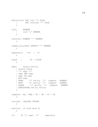 175

definition: DEF list ’=’ ROLE
|
DEF interval ’=’ ROLE
;
list:
|
;

NUMBER
list ’,’ NUMBER

interval: NUMBER ’-’ NUMBER
;
number_of_nodes: NPROCS ’=’ NUMBER
;
separator:
;
those
;
expr:
|
|
|
|
|
|
|
|
|
;

:

’n’

|

’;’

AT | TILDE

status entity
status those
’(’ expr ’)’
expr AND expr
expr OR expr
NOT expr
ERRN
’(’ entity ’)’ compare
ERRT
’(’ entity ’)’ compare
PHASE
’(’ entity ’)’ compare
DEADLOCKED entity entity

compare:
;

EQ | NEQ | GT | GE | LT | LE

include:
;

INCLUDE STRING

section:
;

if elif else fi

if:

IF ’[’ expr

’]’

separator

NUMBER
NUMBER
NUMBER

 