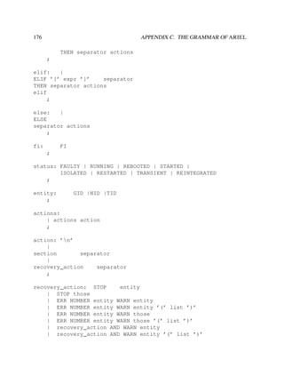 176

APPENDIX C. THE GRAMMAR OF ARIEL
THEN separator actions
;

elif:
|
ELIF ’[’ expr ’]’
separator
THEN separator actions
elif
;
else:
|
ELSE
separator actions
;
fi:

FI
;

status: FAULTY | RUNNING | REBOOTED | STARTED |
ISOLATED | RESTARTED | TRANSIENT | REINTEGRATED
;
entity:
;

GID |NID |TID

actions:
| actions action
;
action: ’n’
|
section
separator
|
recovery_action
separator
;
recovery_action: STOP
entity
| STOP those
| ERR NUMBER entity WARN entity
| ERR NUMBER entity WARN entity ’(’ list ’)’
| ERR NUMBER entity WARN those
| ERR NUMBER entity WARN those ’(’ list ’)’
| recovery_action AND WARN entity
| recovery_action AND WARN entity ’(’ list ’)’

 
