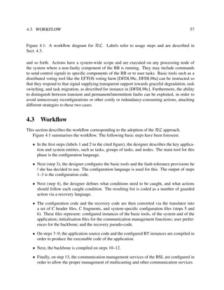 4.3. WORKFLOW

57

Figure 4.1: A workﬂow diagram for RεL. Labels refer to usage steps and are described in
Sect. 4.3.
and so forth. Actions have a system-wide scope and are executed on any processing node of
the system where a non-faulty component of the BB is running. They may include commands
to send control signals to speciﬁc components of the BB or to user tasks. Basic tools such as a
distributed voting tool like the EFTOS voting farm [DFDL98c, DFDL98a] can be instructed so
that they respond to that signal supplying transparent support towards graceful degradation, task
switching, and task migration, as described for instance in [DFDL98c]. Furthermore, the ability
to distinguish between transient and permanent/intermittent faults can be exploited, in order to
avoid unnecessary reconﬁgurations or other costly or redundancy-consuming actions, attaching
different strategies to these two cases.

4.3

Workﬂow

This section describes the workﬂow corresponding to the adoption of the RεL approach.
Figure 4.1 summarises the workﬂow. The following basic steps have been foreseen:
• In the ﬁrst steps (labels 1 and 2 in the cited ﬁgure), the designer describes the key application and system entities, such as tasks, groups of tasks, and nodes. The main tool for this
phase is the conﬁguration language.
• Next (step 3), the designer conﬁgures the basic tools and the fault-tolerance provisions he
/ she has decided to use. The conﬁguration language is used for this. The output of steps
1–3 is the conﬁguration code.
• Next (step 4), the designer deﬁnes what conditions need to be caught, and what actions
should follow each caught condition. The resulting list is coded as a number of guarded
action via a recovery language.
• The conﬁguration code and the recovery code are then converted via the translator into
a set of C header ﬁles, C fragments, and system-speciﬁc conﬁguration ﬁles (steps 5 and
6). These ﬁles represent: conﬁgured instances of the basic tools, of the system and of the
application; initialisation ﬁles for the communication management functions; user preferences for the backbone; and the recovery pseudo-code.
• On steps 7–9, the application source code and the conﬁgured BT instances are compiled in
order to produce the executable code of the application.
• Next, the backbone is compiled on steps 10–12.
• Finally, on step 13, the communication management services of the BSL are conﬁgured in
order to allow the proper management of multicasting and other communication services.

 