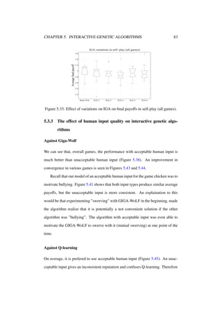 CHAPTER 5. INTERACTIVE GENETIC ALGORITHMS

83

IGA variations in self−play (all games)
3.6

Average final payoff

3.4
3.2
3
2.8
2.6
2.4
2.2
Basic IGA

IGA 2

IGA 3

IGA 4

IGA 5

IGA 6

Figure 5.33: Effect of variations on IGA on ﬁnal payoffs in self-play (all games).

5.3.3

The effect of human input quality on interactive genetic algorithms

Against Giga-Wolf
We can see that, overall games, the performance with acceptable human input is
much better than unacceptable human input (Figure 5.38). An improvement in
convergence in various games is seen in Figures 5.43 and 5.44.
Recall that our model of an acceptable human input for the game chicken was to
motivate bullying. Figure 5.41 shows that both input types produce similar average
payoffs, but the unacceptable input is more consistent. An explaination to this
would be that experimenting ”swerving” with GIGA-WoLF in the beginning, made
the algorithm realize that it is potentially a not convenient solution if the other
algorithm was ”bullying”. The algorithm with acceptable input was even able to
motivate the GIGA-WoLF to swerve with it (mutual swerving) at one point of the
time.

Against Q-learning
On average, it is prefered to use acceptable human input (Figure 5.45). An unacceptable input gives an inconsistent reputation and confuses Q-learning. Therefore

 