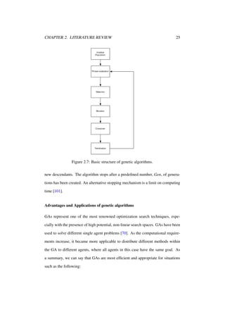 CHAPTER 2. LITERATURE REVIEW

25

Figure 2.7: Basic structure of genetic algorithms.
new descendants. The algorithm stops after a predeﬁned number, Gen, of generations has been created. An alternative stopping mechanism is a limit on computing
time [101].

Advantages and Applications of genetic algorithms
GAs represent one of the most renowned optimization search techniques, especially with the presence of high potential, non-linear search spaces. GAs have been
used to solve different single agent problems [70]. As the computational requirements increase, it became more applicable to distribute different methods within
the GA to different agents, where all agents in this case have the same goal. As
a summary, we can say that GAs are most efﬁcient and appropriate for situations
such as the following:

 