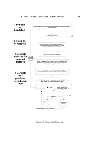 CHAPTER 5. INTERACTIVE GENETIC ALGORITHMS

1-Evaluate
the
population

65

Evaluate the generated chromosomes (strategies) against the opponent to calculate the
experimental fitness

If cycle for human input
started

2- Select set
of histories

3-Generate
statistics for
selected
histories

4-Generate
new
population
using human
input

NO

Calculate entropy for every bit (representing the action at a
certain history combination) through the whole population
depending on the action and fitness value

Select the r bits with the highest entropy
After going
through all
chromosomes
within the
population

For each of the selected r bits, show to the human the action taken by the
algorithm within the previous generation for the corresponding history, in
addition to statistics about the action fitness

Take suggested input for the selected bits and match them with the action
taken within the previous generation for the corresponding history

For each chromosome, if there is at least one match between
human feedback and action previously taken for all bits

NO
Add the chromosome to
the new population

Yes
NO

For each bit ,If bit is one
of the r bits with highest
entropies

Yes
If variance < v

Replace value of
bit with a random
value

Leave value of bit
as it is

After going through all bits in chromosome

Figure 5.1: Human input framework.

 