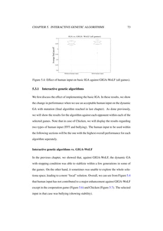 CHAPTER 5. INTERACTIVE GENETIC ALGORITHMS

73

IGA vs. GIGA−WoLF (all games)
3.1

Average final payoff

3.05

3

2.95

2.9

2.85

2.8
Without human input

With human input

Figure 5.4: Effect of human input on basic IGA against GIGA-WoLF (all games).

5.3.1

Interactive genetic algorithms

We ﬁrst discuss the effect of implementing the basic IGA. In these results, we show
the change in performance when we use an acceptable human input on the dynamic
GA with mutation (ﬁnal algorithm reached in last chapter). As done previously,
we will show the results for the algorithm against each opponent within each of the
selected games. Note that in case of Chicken, we will display the results regarding
two types of human input (TFT and bullying). The human input to be used within
the following sections will be the one with the highest overall performance for each
algorithm seperately.

Interactive genetic algorithms vs. GIGA-WoLF
In the previous chapter, we showed that, against GIGA-WoLF, the dynamic GA
with stopping condition was able to stablizie within a few generations in some of
the games. On the other hand, it sometimes was unable to explore the whole solutiona space, leading to a more “local” solution. Overall, we can see from Figure 5.4
that human input has not contributed to a major enhancement against GIGA-WoLF
except in the cooperation game (Figure 5.6) and Chicken (Figure 5.7). The selected
input in that case was bullying (showing stability).

 