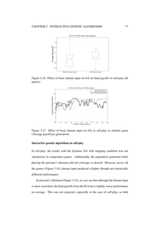 CHAPTER 5. INTERACTIVE GENETIC ALGORITHMS

77

IGA in self−play (all games)

Average final payoff

3.3

3.2

3.1

3

2.9

2.8
Without human input

With human input

Figure 5.16: Effect of basic human input on GA on ﬁnal payoffs in self-play (all
games).
IGA in self−play in Chicken game
7
Without human input
With TFT human input
With Bully human input

Average payoff per generation

6.5

6

5.5

5

4.5

4

3.5

0

10

20

30

40

50

60

70

80

90

100

Number of generations

Figure 5.17: Effect of basic human input on GA in self-play in chicken game
(Average payoff per generation).
Interactive genetic algorithms in self-play
In self-play, the results with the dynamic GA with stopping condition was not
satisfactory in cooperation games. Additionally, the population generated while
playing the prisoner’s dilemma did not converge as desired. However, across all
the games (Figure 5.16), human input produced a higher (though not statistically
different) performance.
In prisoner’s dilemma (Figure 5.18), we can see that although the human input
is more consistent, the ﬁnal payoffs from the IGA has a slightly worse performance
on average. This was not expected, especially in the case of self-play, as both

 