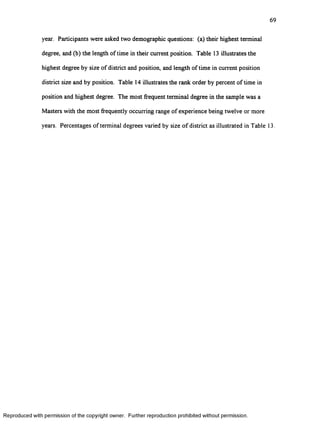 year. Participants were asked two demographic questions: (a) their highest terminal
degree, and (b) the length o f time in their current position. Table 13 illustrates the
highest degree by size o f district and position, and length o f time in current position
district size and by position. Table 14 illustrates the rank order by percent o f time in
position and highest degree. The most frequent terminal degree in the sample was a
Masters with the most frequently occurring range o f experience being twelve or more
years. Percentages o f terminal degrees varied by size o f district as illustrated in Table
R eproduced with perm ission of the copyright owner. Further reproduction prohibited without perm ission.
 