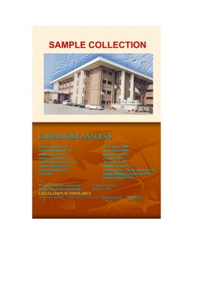 SAMPLE COLLECTION 
LABORATORY ANALYSIS 
Serum Sodium Level (Gowenlock, 1988) 
Serum Potassium Level (Gowenlock, 1988) 
Serum Urea Level (Marsh et al, 1965) 
Serum Glucose Level (Trinder, 1969) 
Total Serum proteins Level (Reinhold, 1953) 
Serum Albumin Level (Doumas et al, 1971) 
Serum Globulin Level (Total proteins – serum albumin level) 
A/G ratio Serum Albumin Level (Sood, 1994) 
Serum Globulin Level 
Plasma osmolarity (estimated) (Vapro Osmometer) 
Plasma osmolarity (calculated) (Robert, 1999) 
CALCULATION OF OSMOLARITY 
Osmolarity mosm/l = 2{Na+meq/l+K+ meq/l}+ (glucose) mg/dl + (BUN) mg/d 
18 2.8 
 