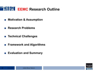 Institut Mines-Télécom
EEMC Research Outline
■ Motivation & Assumption
■ Research Problems
■ Technical Challenges
■ Framework and Algorithms
■ Evaluation and Summary
22 Jan 201514
 