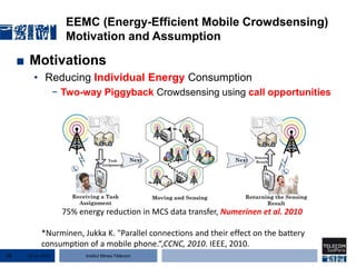 Institut Mines-Télécom
EEMC (Energy-Efficient Mobile Crowdsensing)
Motivation and Assumption
■ Motivations
• Reducing Individual Energy Consumption
− Two-way Piggyback Crowdsensing using call opportunities
75% energy reduction in MCS data transfer, Numerinen et al. 2010
*Nurminen, Jukka K. "Parallel connections and their effect on the battery
consumption of a mobile phone.“,CCNC, 2010. IEEE, 2010.
22 Jan 201515
 