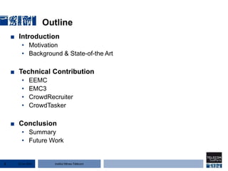 Institut Mines-Télécom
Outline
■ Introduction
• Motivation
• Background & State-of-the Art
■ Technical Contribution
• EEMC
• EMC3
• CrowdRecruiter
• CrowdTasker
■ Conclusion
• Summary
• Future Work
22 Jan 20152
 