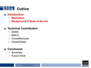 Institut Mines-Télécom
Outline
■ Introduction
• Motivation
• Background & State-of-the Art
■ Technical Contribution
• EEMC
• EMC3
• CrowdRecruiter
• CrowdTasker
■ Conclusion
• Summary
• Future Work
22 Jan 20153
 