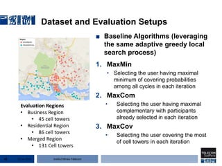 Institut Mines-Télécom
Dataset and Evaluation Setups
■ Baseline Algorithms (leveraging
the same adaptive greedy local
search process)
1. MaxMin
• Selecting the user having maximal
minimum of covering probabilities
among all cycles in each iteration
2. MaxCom
• Selecting the user having maximal
complementary with participants
already selected in each iteration
3. MaxCov
• Selecting the user covering the most
of cell towers in each iteration
22 Jan 201542
Evaluation Regions
• Business Region
• 45 cell towers
• Residential Region
• 86 cell towers
• Merged Region
• 131 Cell towers
 