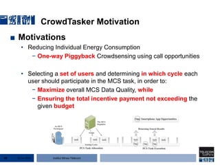 Institut Mines-Télécom
CrowdTasker Motivation
■ Motivations
• Reducing Individual Energy Consumption
− One-way Piggyback Crowdsensing using call opportunities
• Selecting a set of users and determining in which cycle each
user should participate in the MCS task, in order to:
− Maximize overall MCS Data Quality, while
− Ensuring the total incentive payment not exceeding the
given budget
22 Jan 201549
 