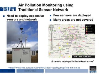 Institut Mines-Télécom
Air Pollution Monitoring using
Traditional Sensor Network
■ Need to deploy expensive
sensors and network
22 Jan 20155
■ Few sensors are deployed
■ Many areas are not covered
16 sensors deployed in Ile-de-France area*
*http://www.eea.europa.eu/themes/air/air-quality/map/real-time-map
 